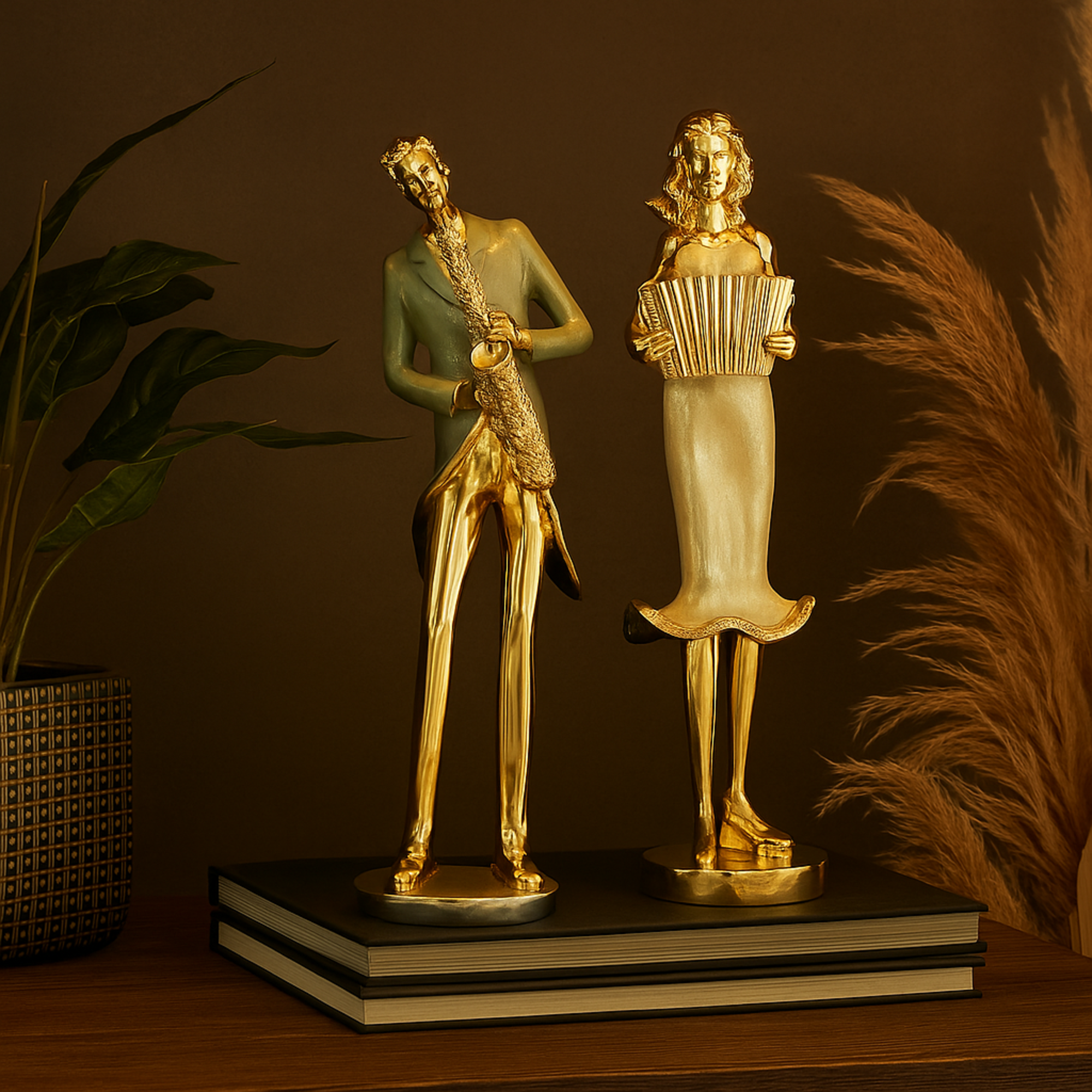 Set of 2 Musician Gold Resin Decorative Sculpture with Accordion and Saxophone