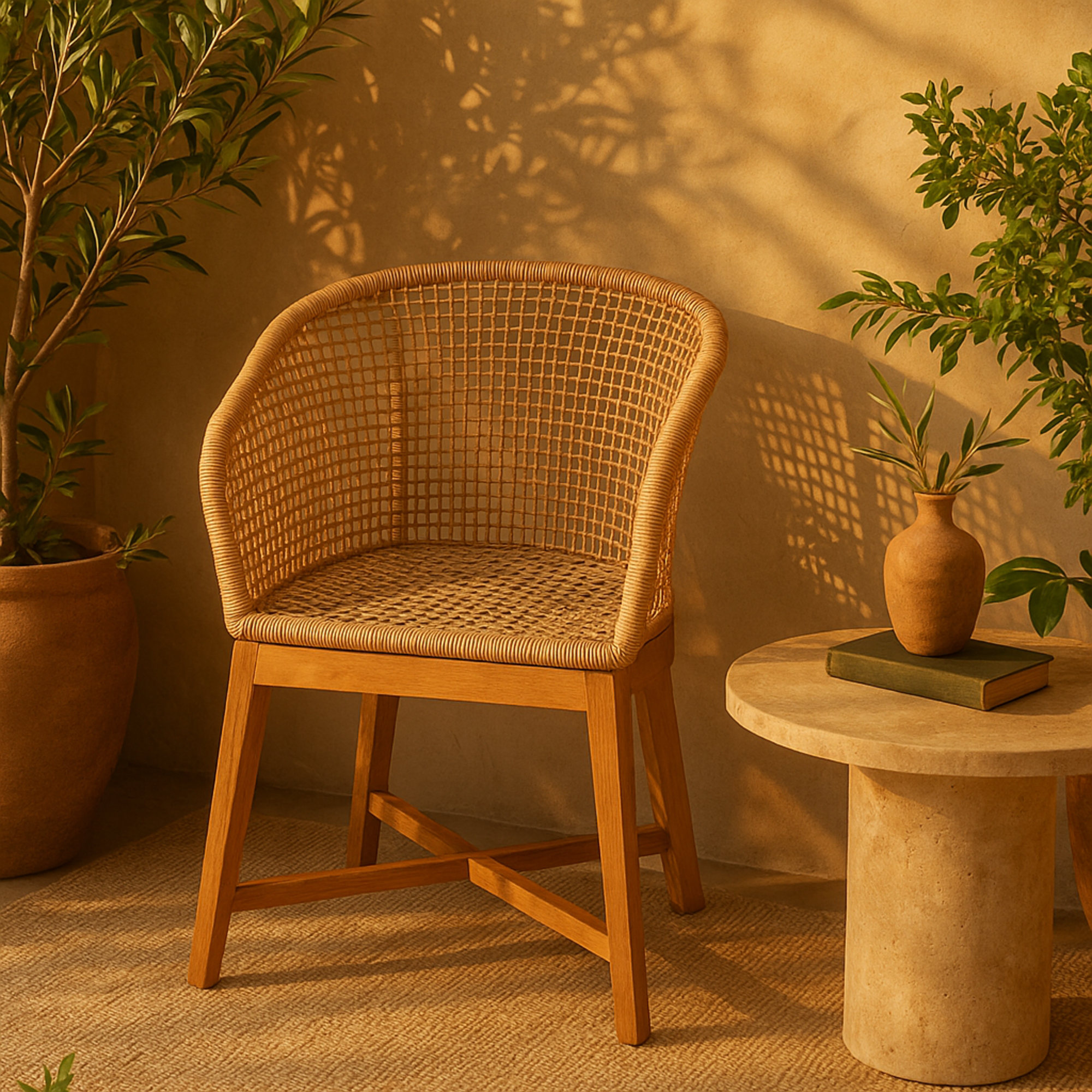 Light Brown Plastic Rattan Handmade Woven Rounded Living Room Accent Chair with Teak Frame