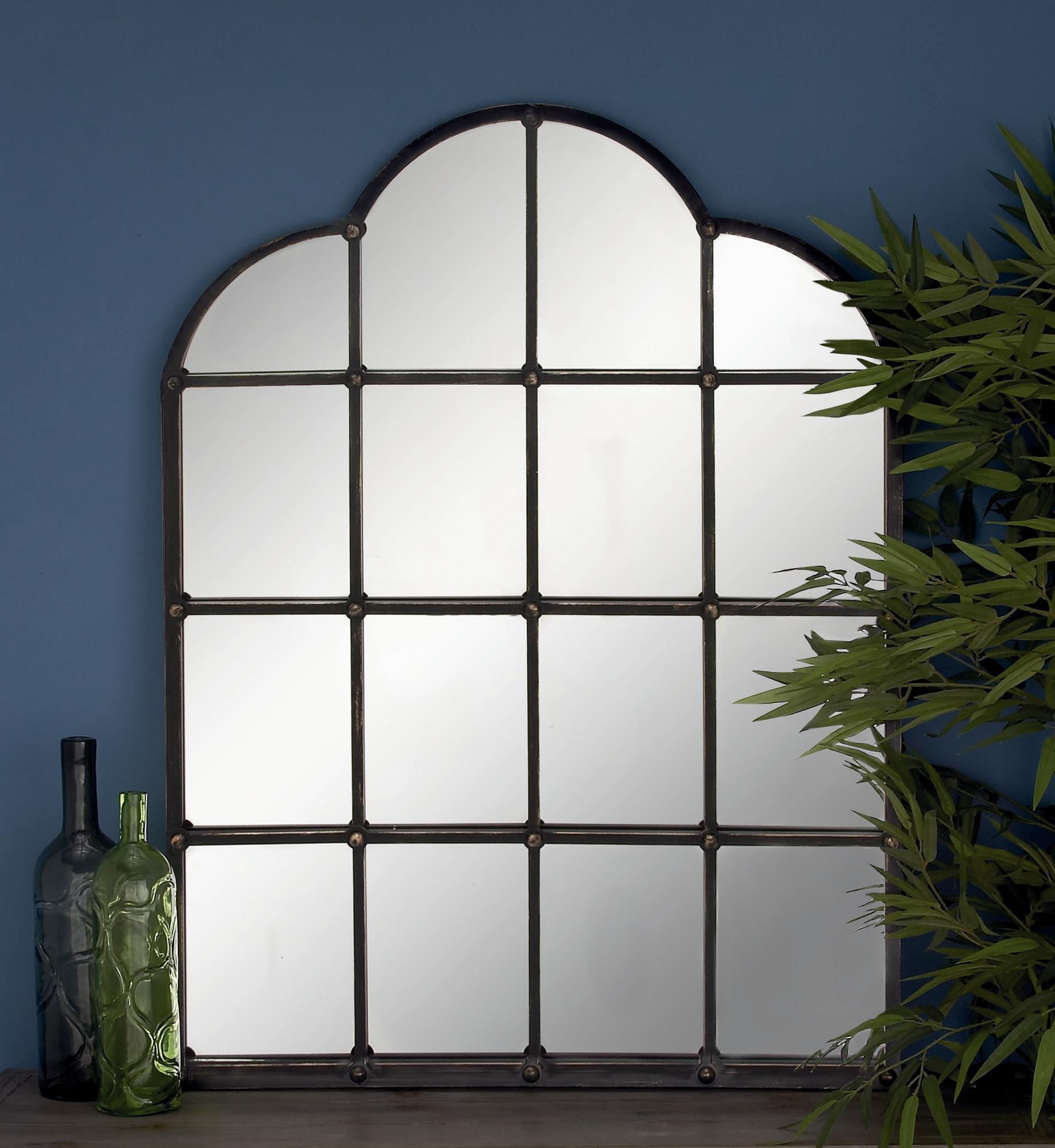 Black Metal Window Pane Inspired Room Wall Mirror with Arched Tops and Studs
