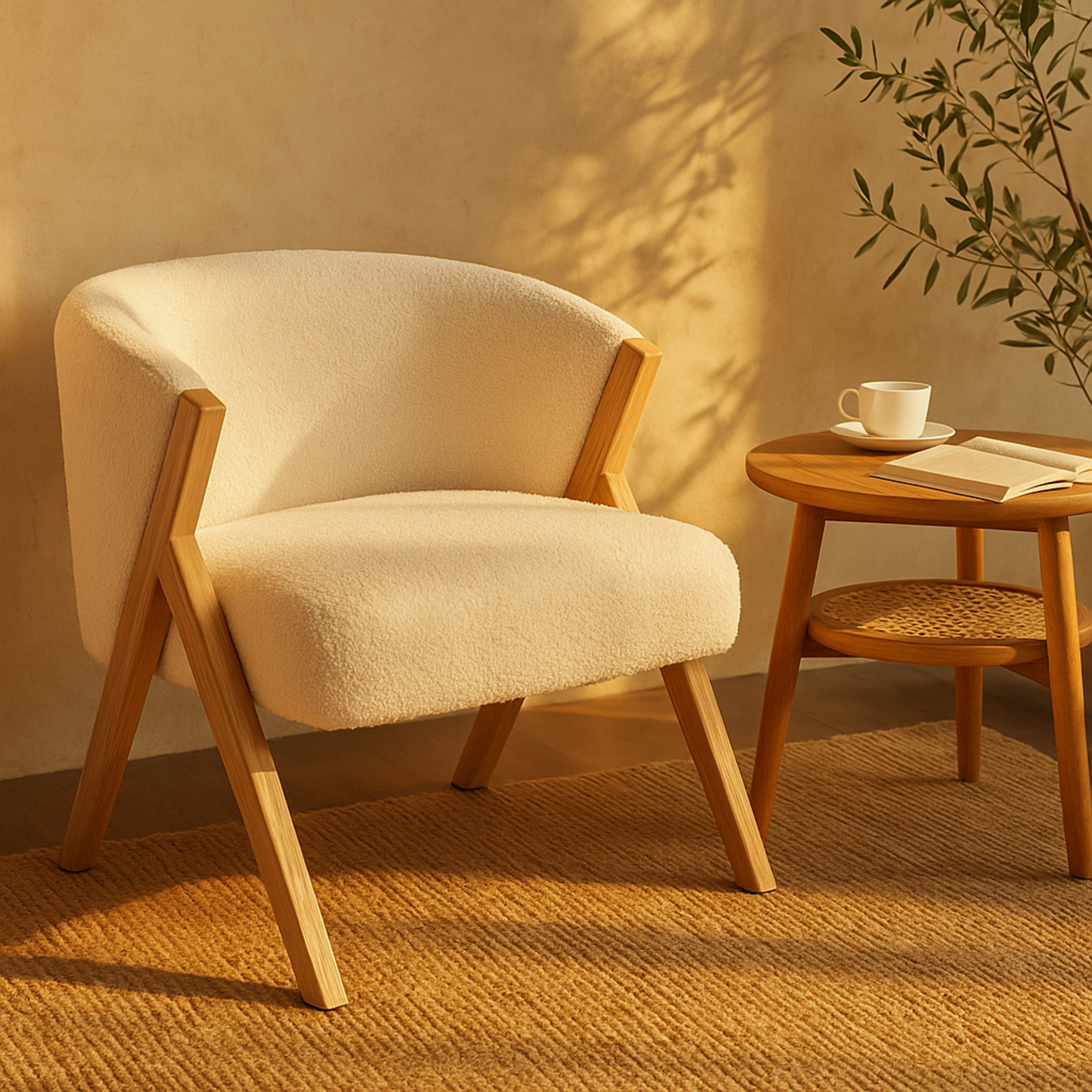 White Polyester Rounded Boucle Living Room Accent Chair with Angled Wooden Legs