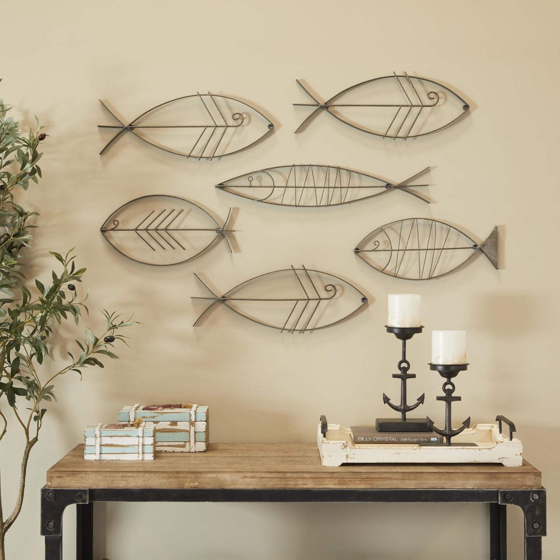 Set of 6 Fish Black Metal Indoor Outdoor Wire Home Wall Decor