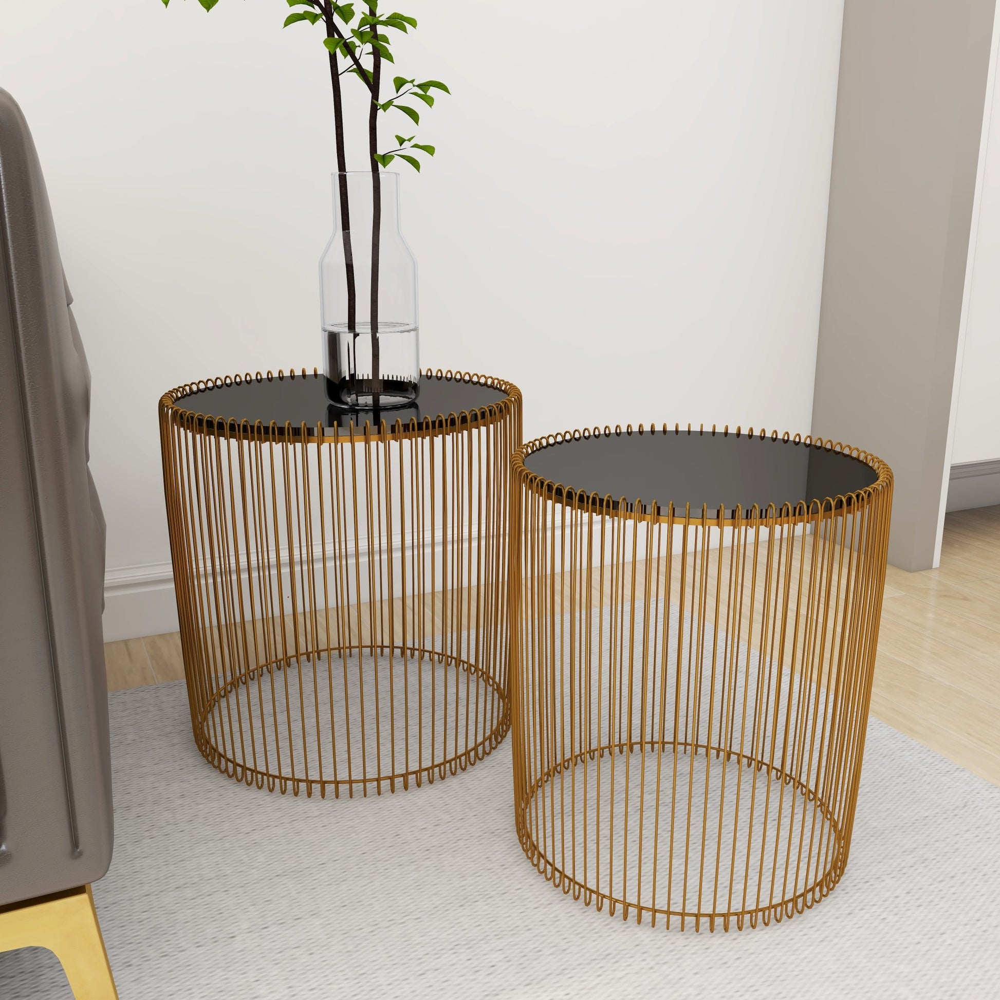 Set of 2 Gold Metal Side End Accent Table with Shaded Glass Top