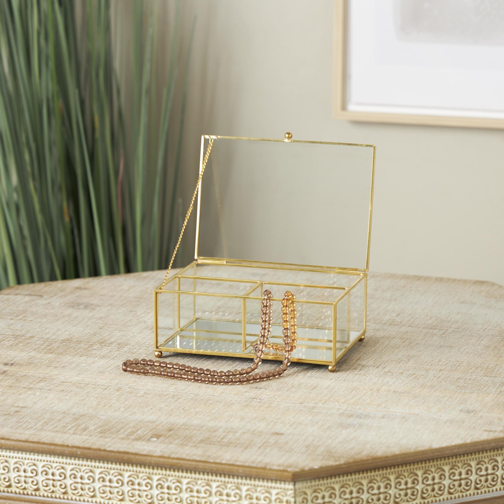 Clear Glass 3 Slot Decorative Jewelry Box with Gold Metal Frame and Chain Accent