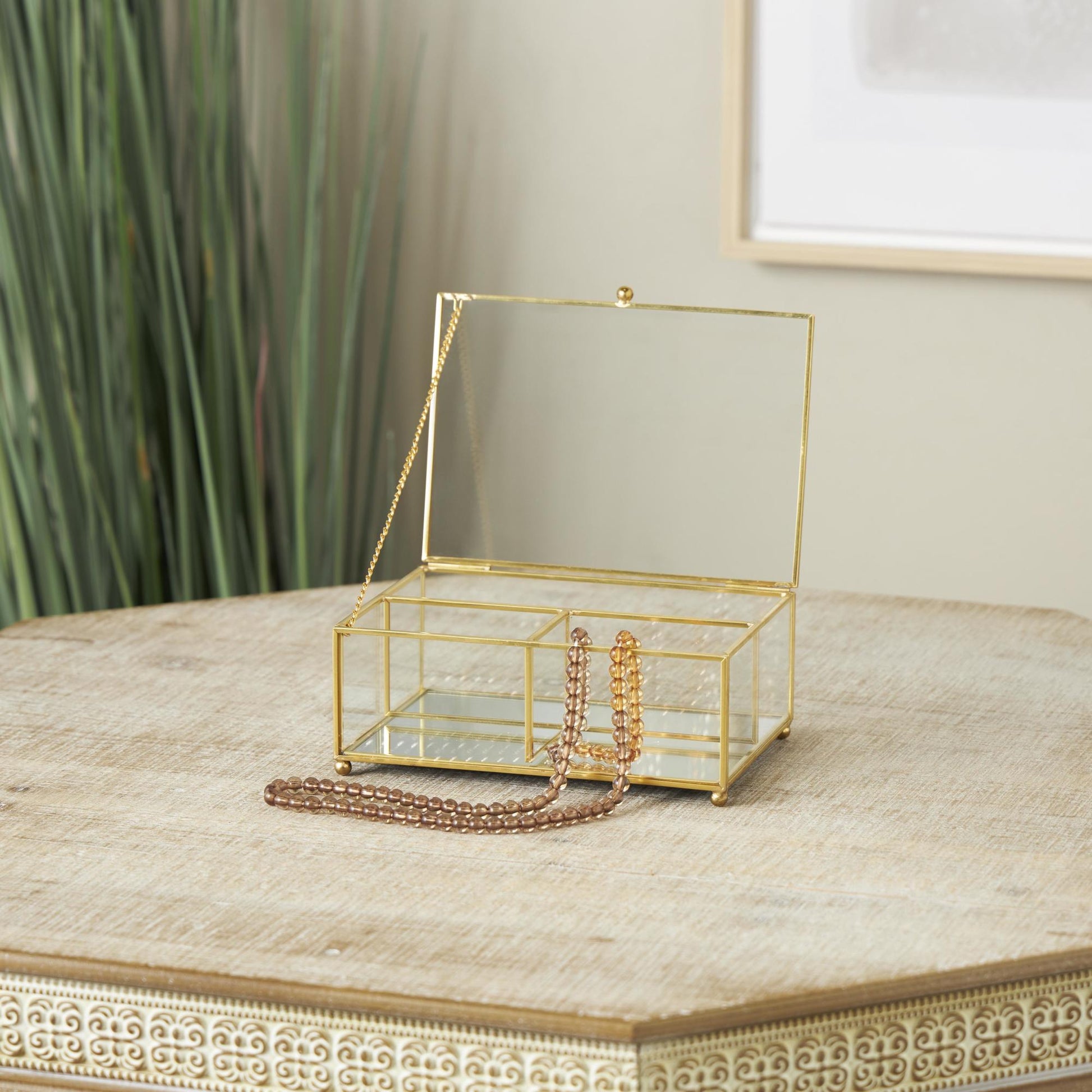 Clear Glass 3 Slot Decorative Jewelry Box with Gold Metal Frame and Chain Accent
