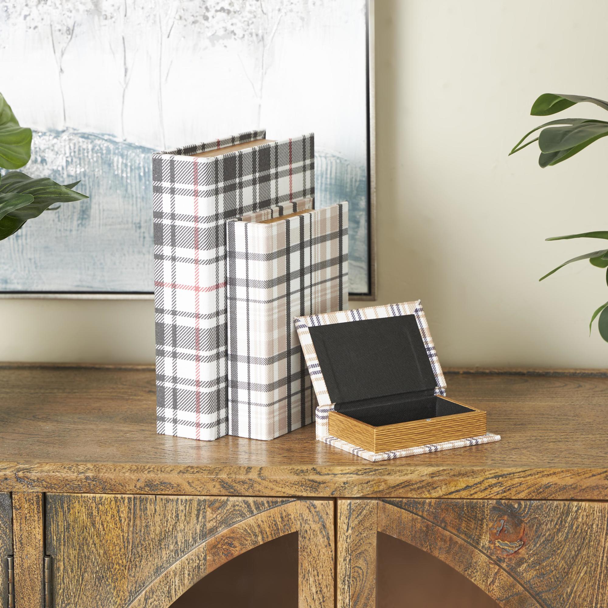 Set of 3 Geometric Multi Colored Canvas Plaid Faux Book Storage Decorative Box with Red and Purple Accents