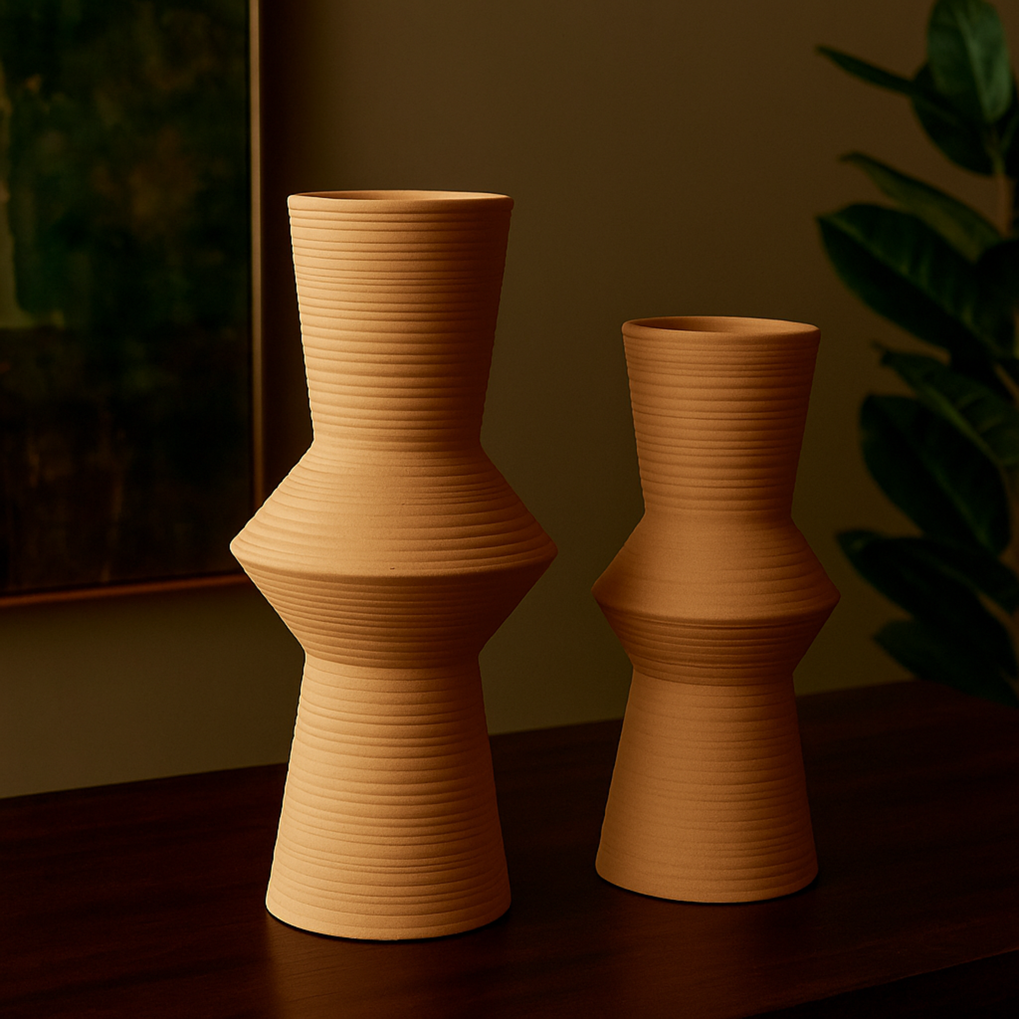 Set of 2 Ceramic Ribbed Cone Shaped Decorative Vase Set of 2 16", 13"H
