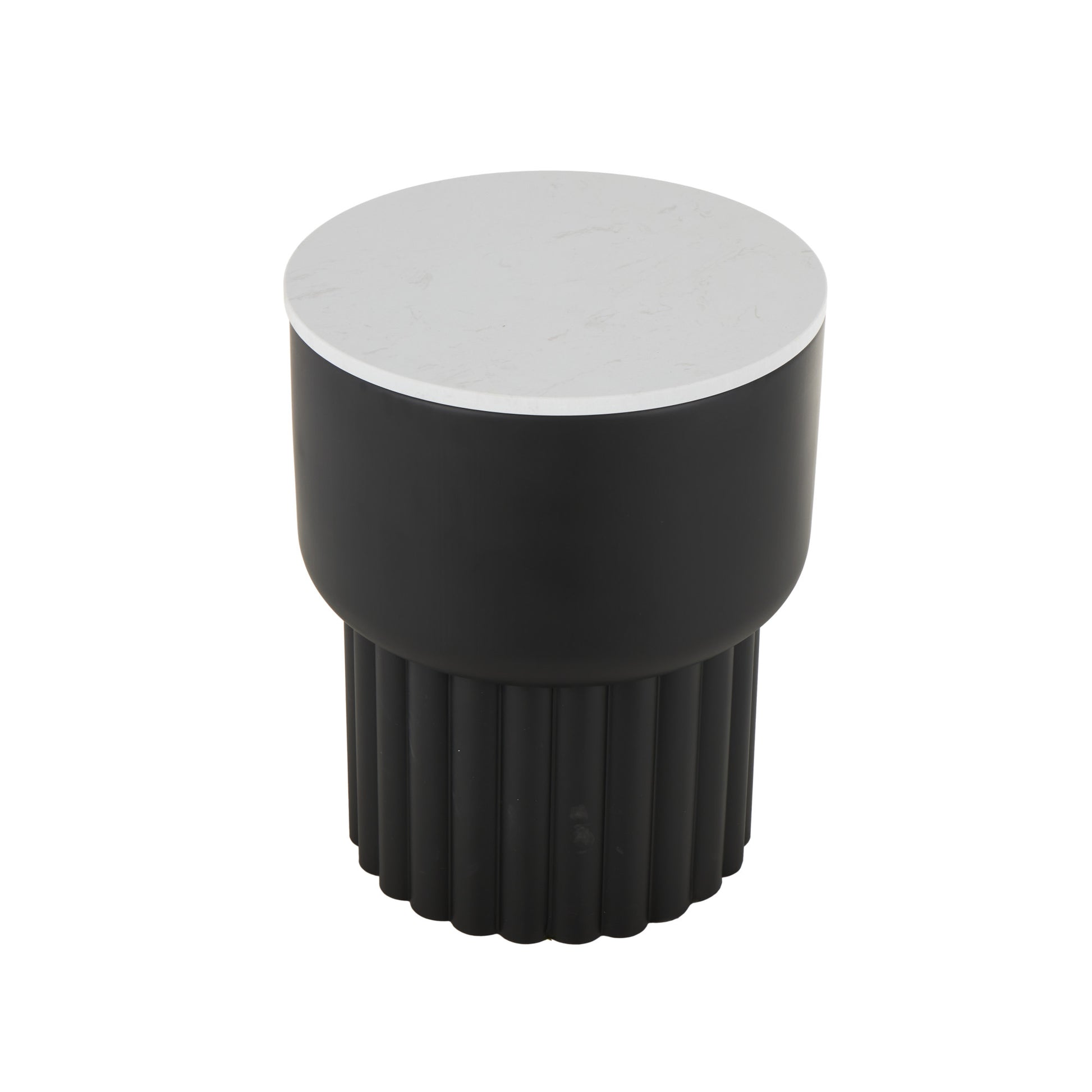 Black Metal Ribbed Side End Accent Table with White Marble Tabletop