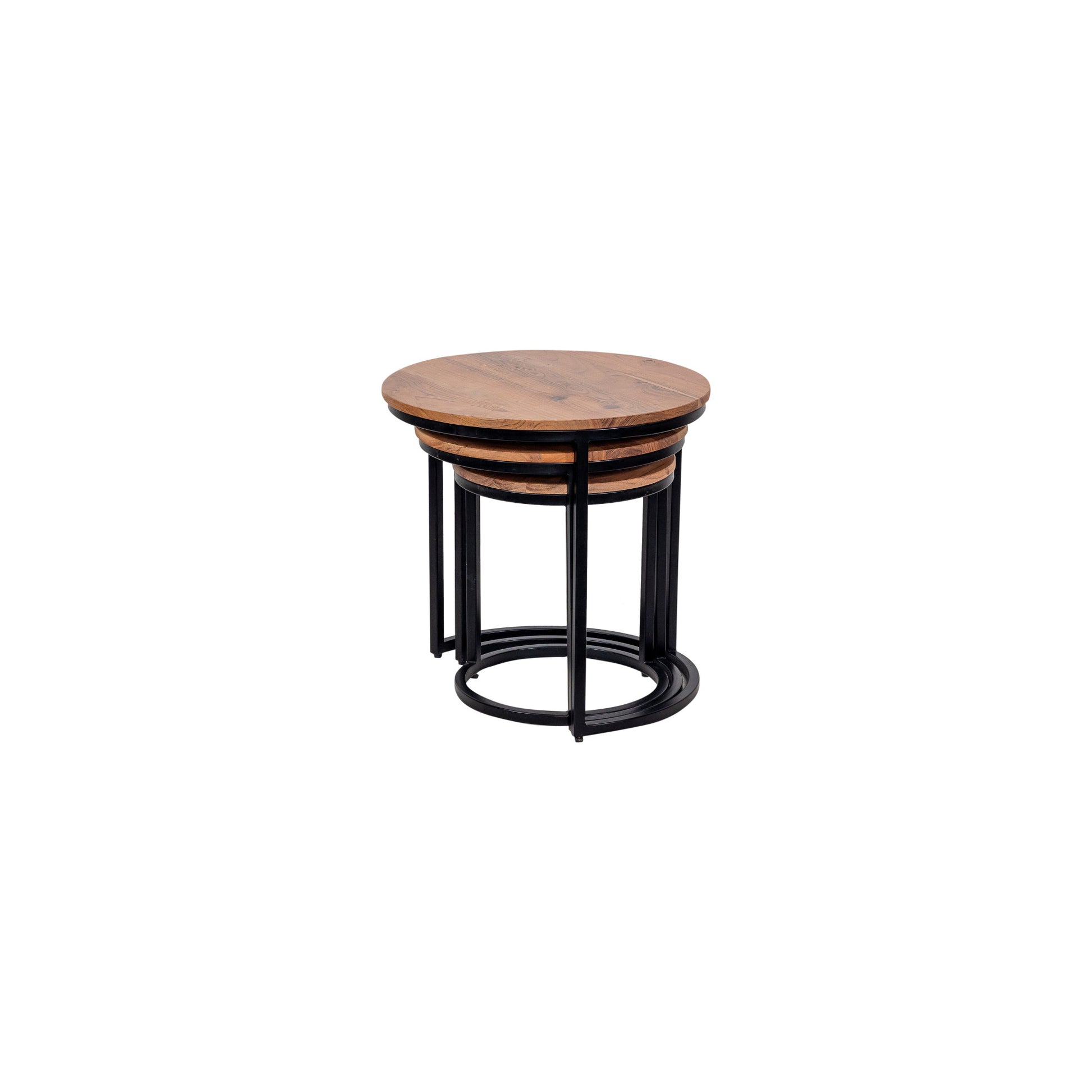 Brown Wood Nesting Side End Accent Table with Round Black Iron Frames