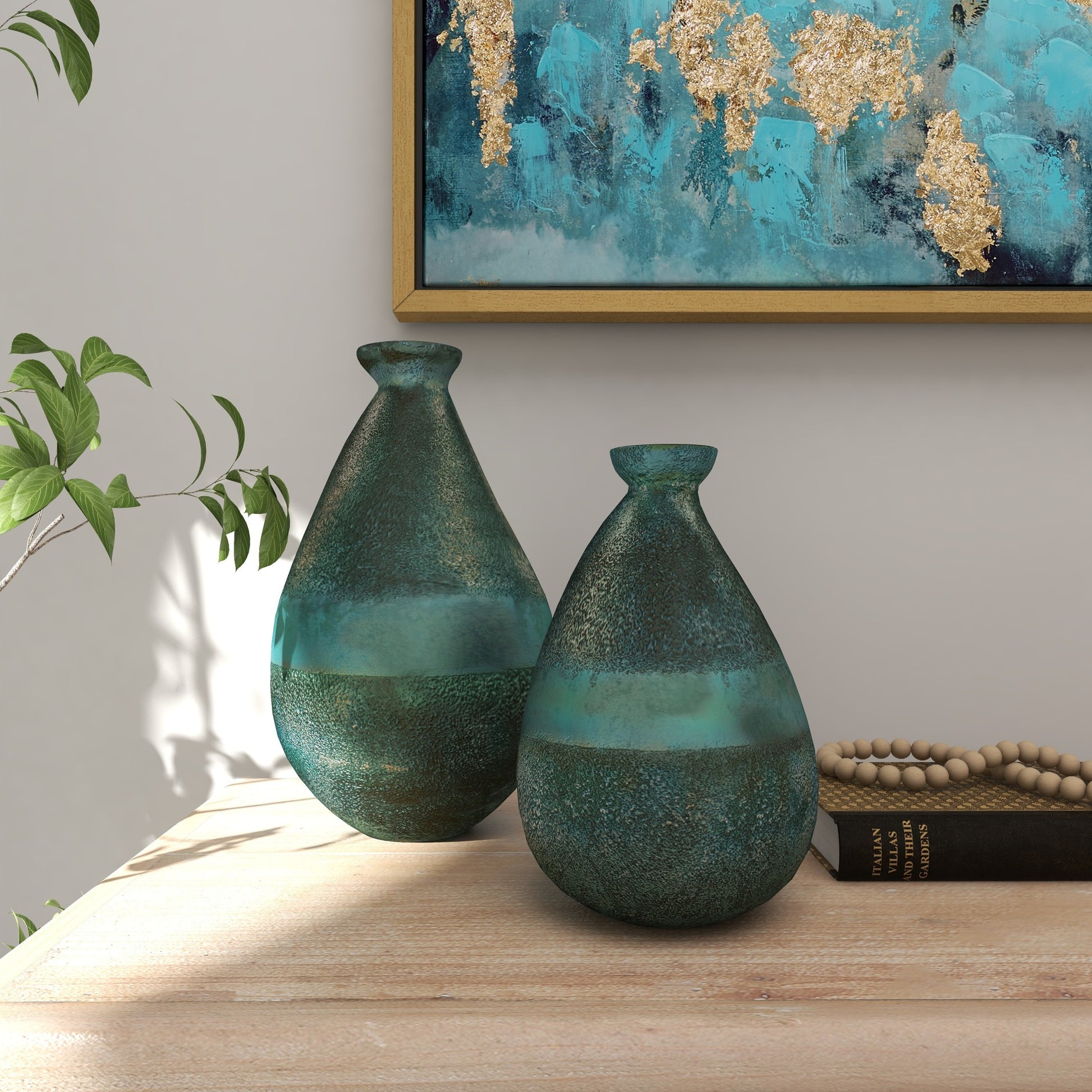 Set of 2 Glass Textured Teardrop Decorative Vase with Textured Base