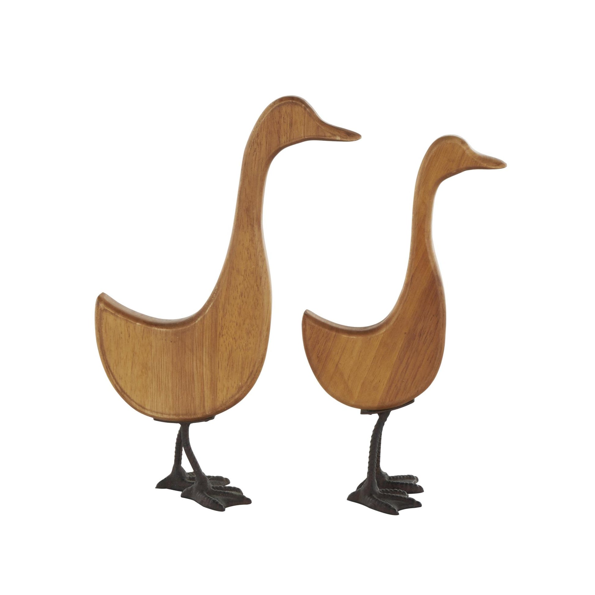 Set of 2 Duck Brown Wood Abstract Decorative Garden Sculpture with Black Metal Feet