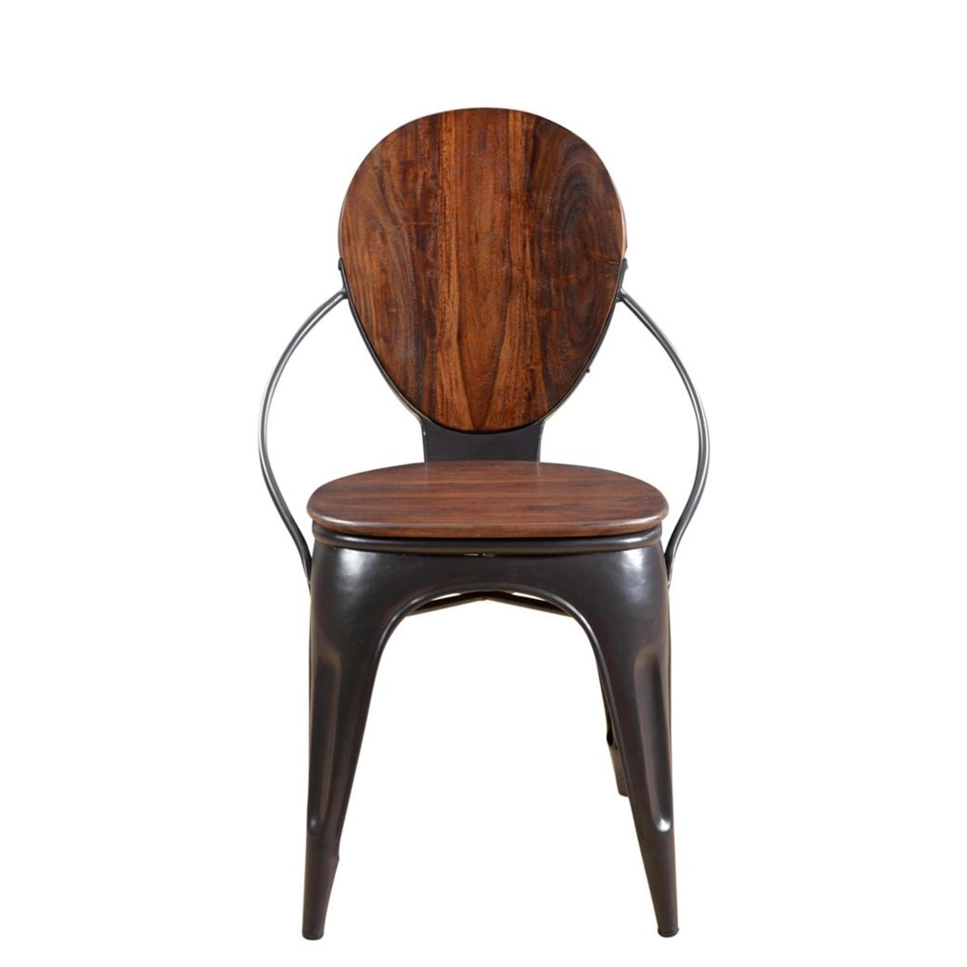 Set of 2 Brown Sheesham Wood Rounded Kitchen Dining Chair with Gunmetal Tapered Legs and Curved Support