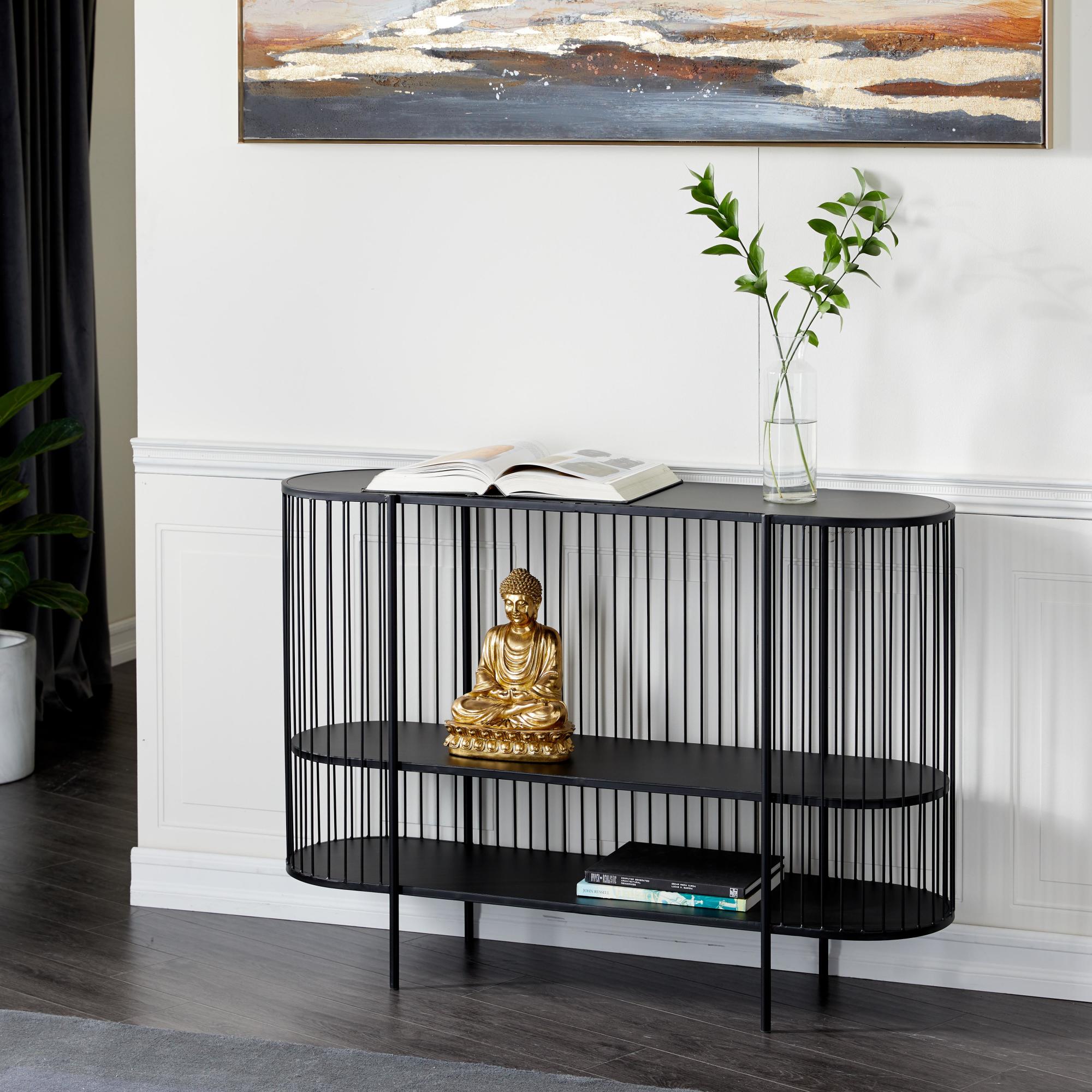 Black Metal Narrow Oval 2 Shelf Living Room Console Table with Open Wire Frame