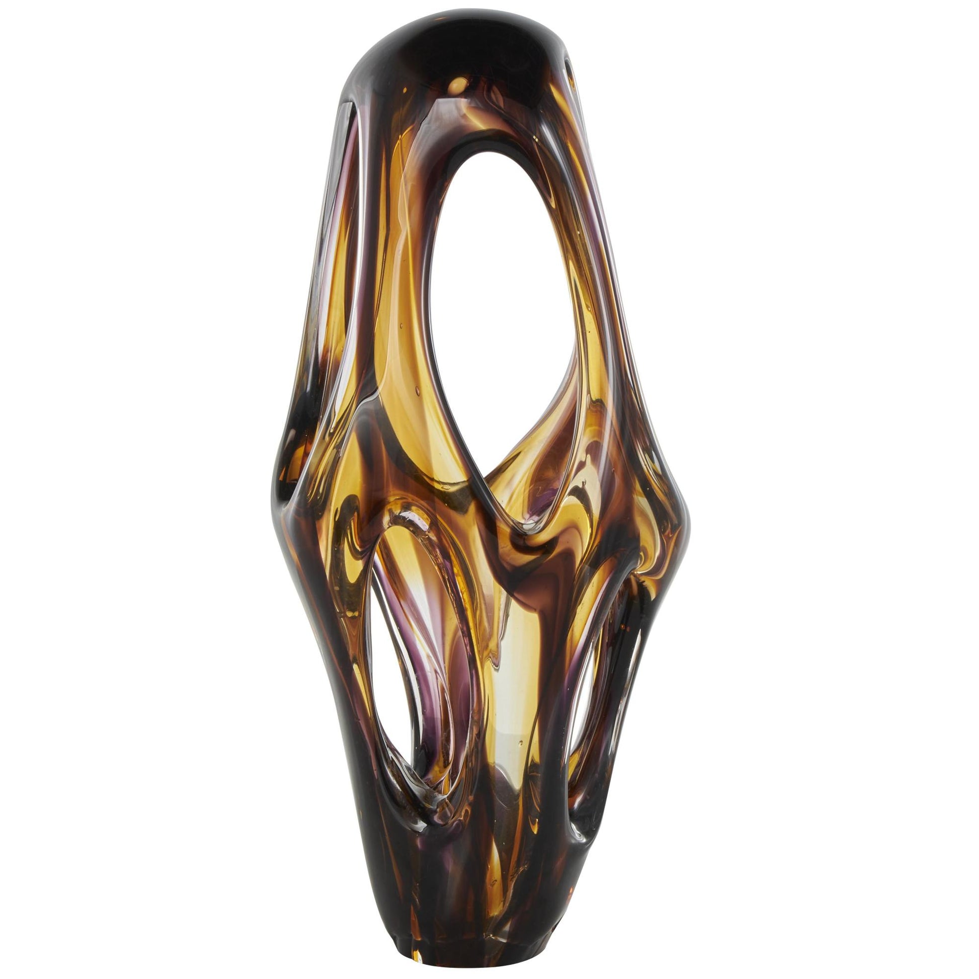 Abstract Yellow Glass Cutout Decorative Sculpture with Pink and Amber Accents