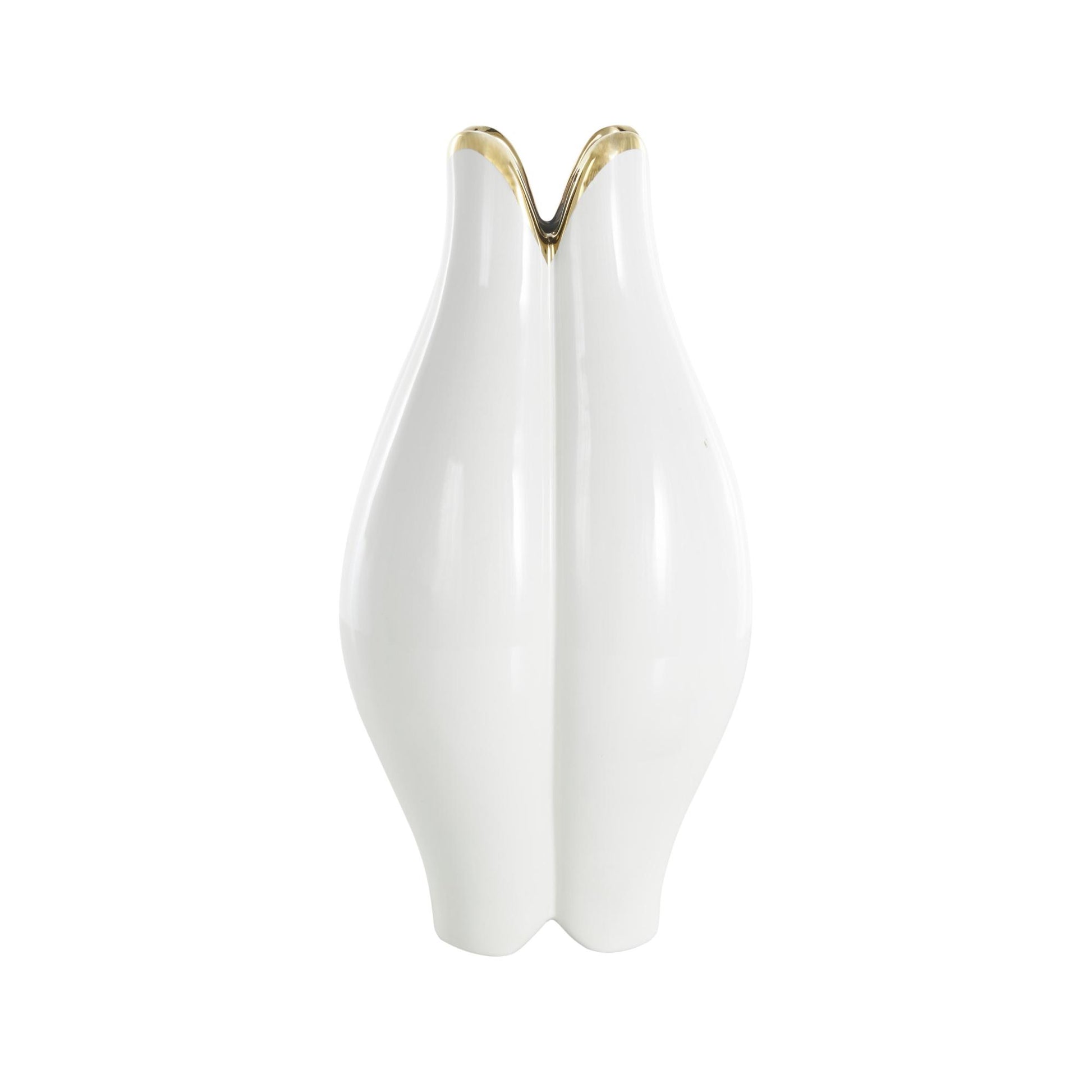 Floral White Ceramic Dimensional Shaped Decorative Vase with Metallic Gold Rim