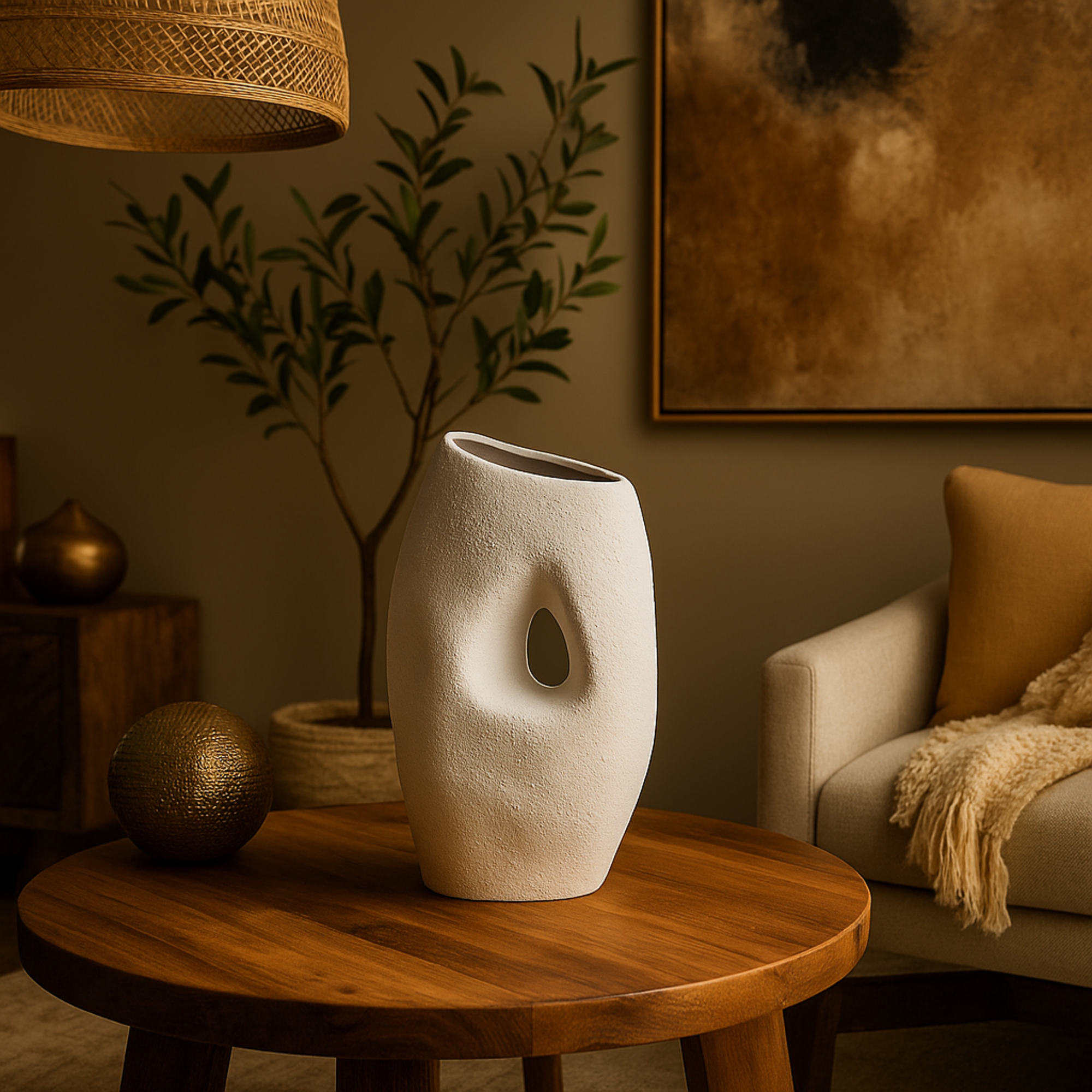 Abstract White Ceramic Textured Decorative Vase with Cutout Center