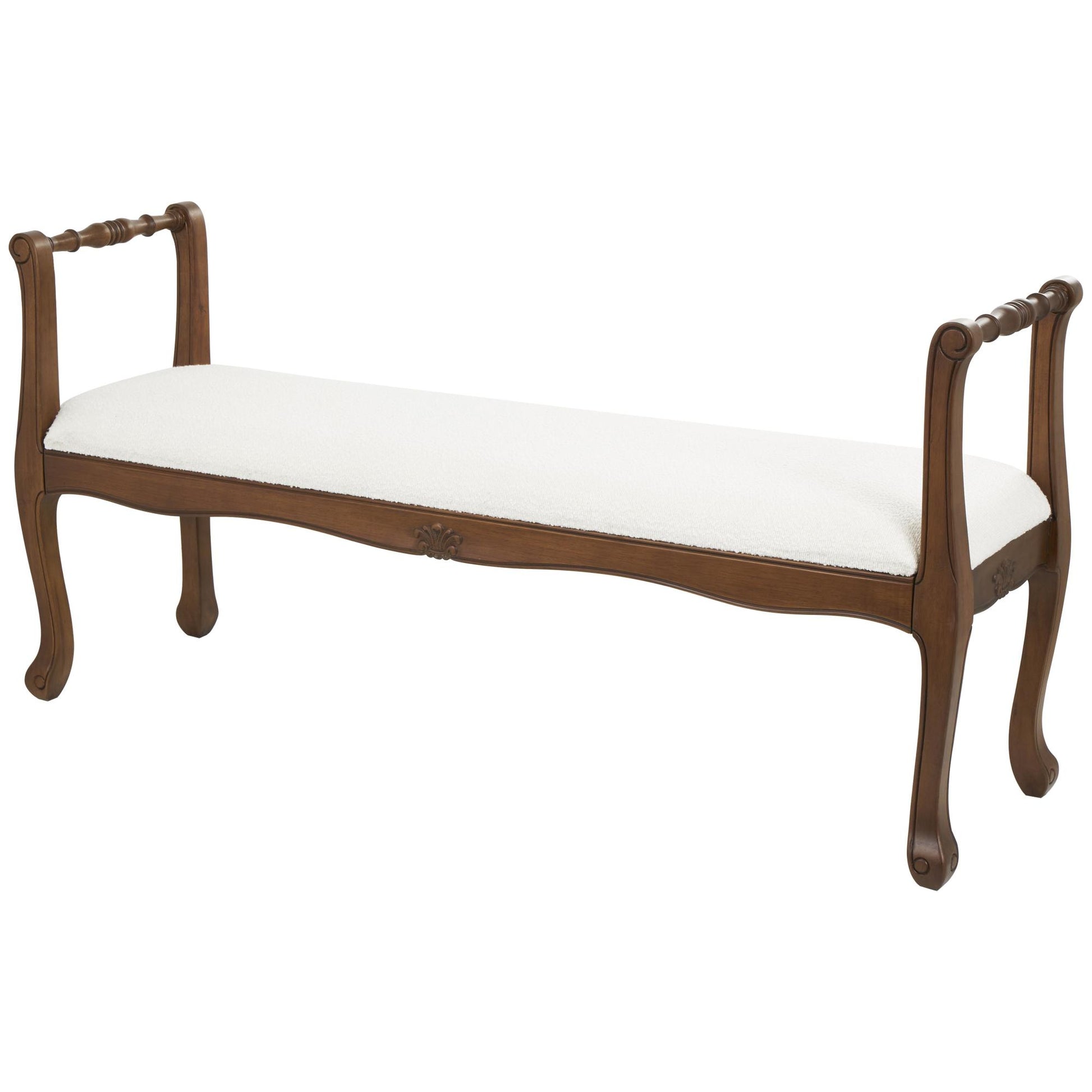 Cream Fabric Arm Home Bench with Brown Traditional Wood Turned Legs