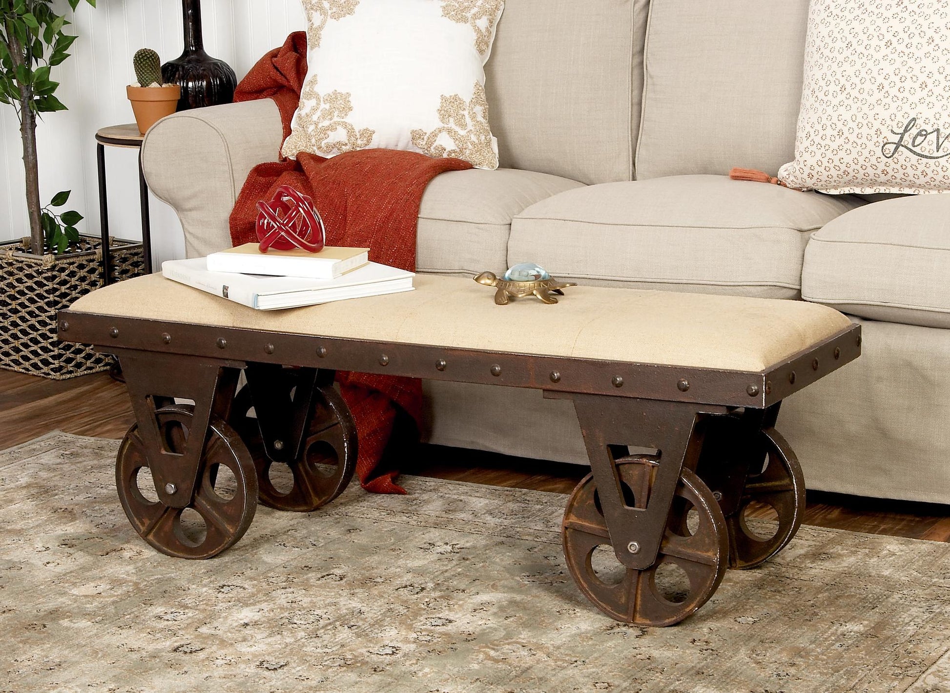 Brown Linen Fabric Vintage Industrial Inspired Home Bench with Wheels and Linen Upholstered Seat