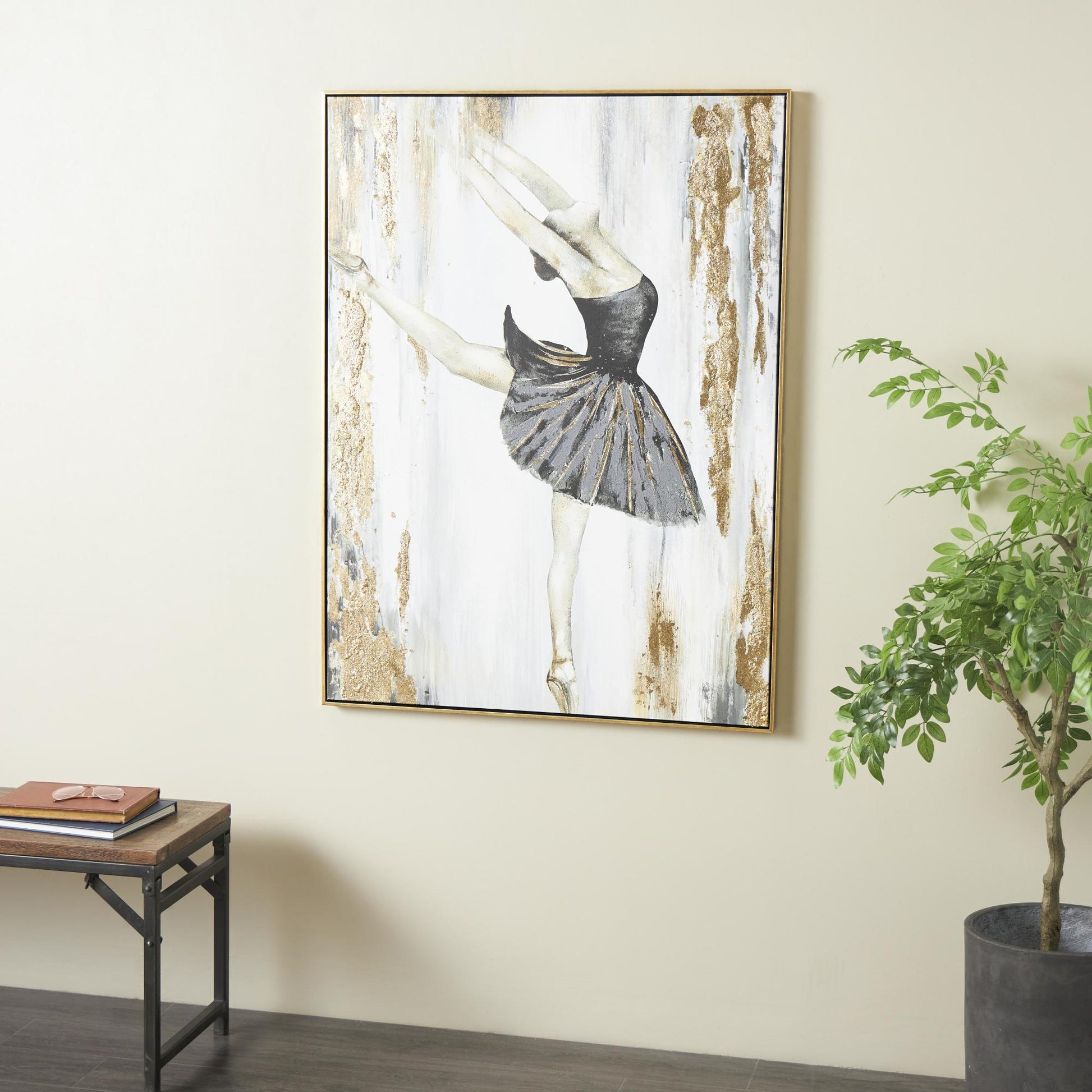 Dancer Gold Canvas Ballet Living Room Framed Wall Art with Black and Gold Foil Accents