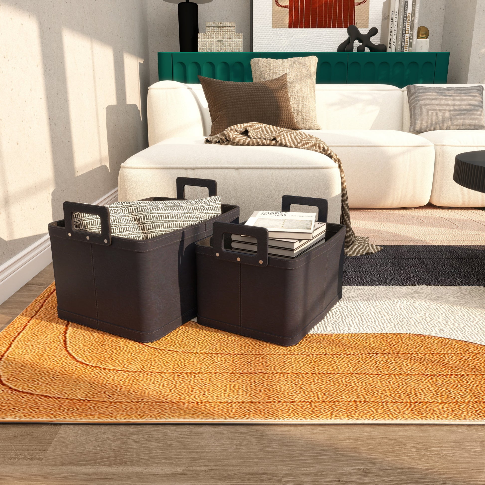 Set of 2 Leather Handmade Decorative and Functional Storage Basket with Handles Set of 2 19", 17"W