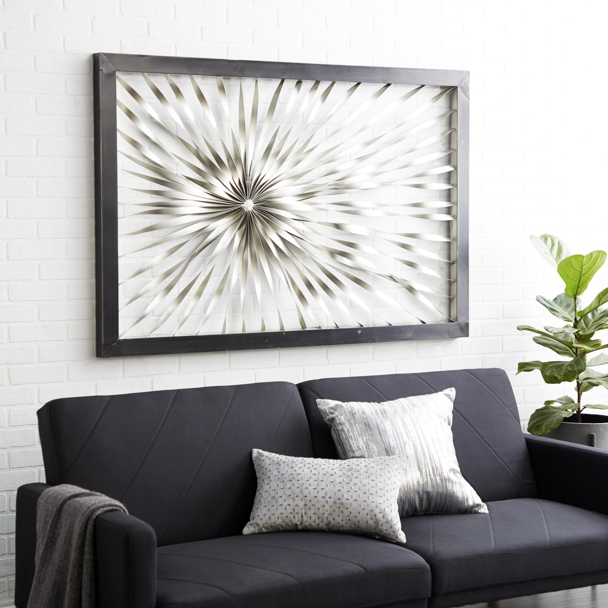Sunburst Silver Metal Coiled Ribbon Home Wall Decor with Black Frame