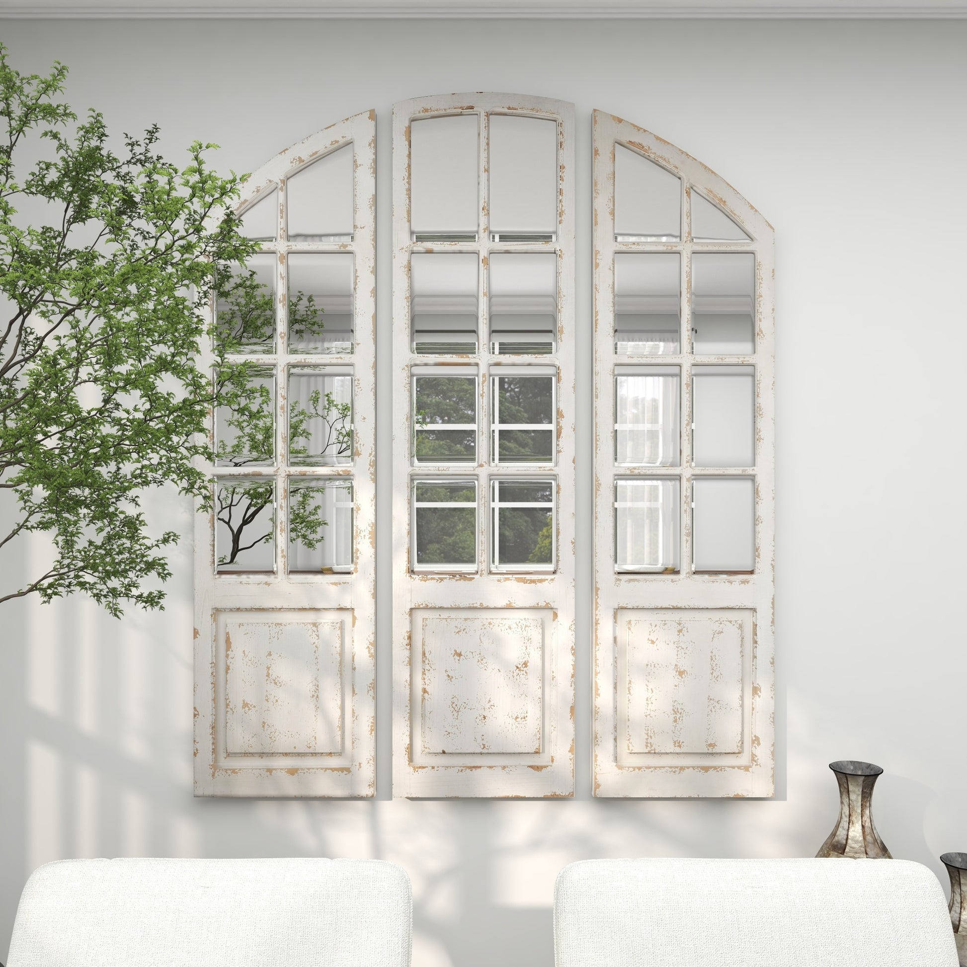 Set of 3 White Wood Window Pane Inspired Room Wall Mirror with Arched Top and Distressing