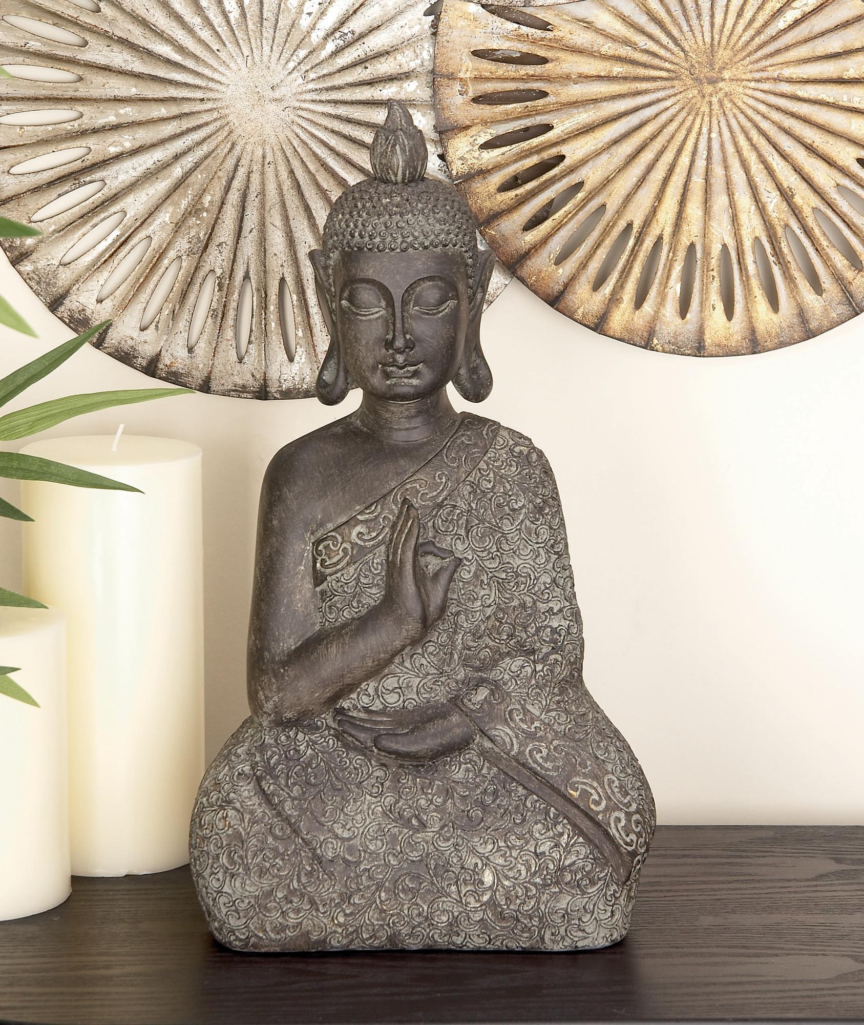 Buddha Brown Polystone Meditating Decorative Sculpture with Engraved Carvings and Relief Detailing