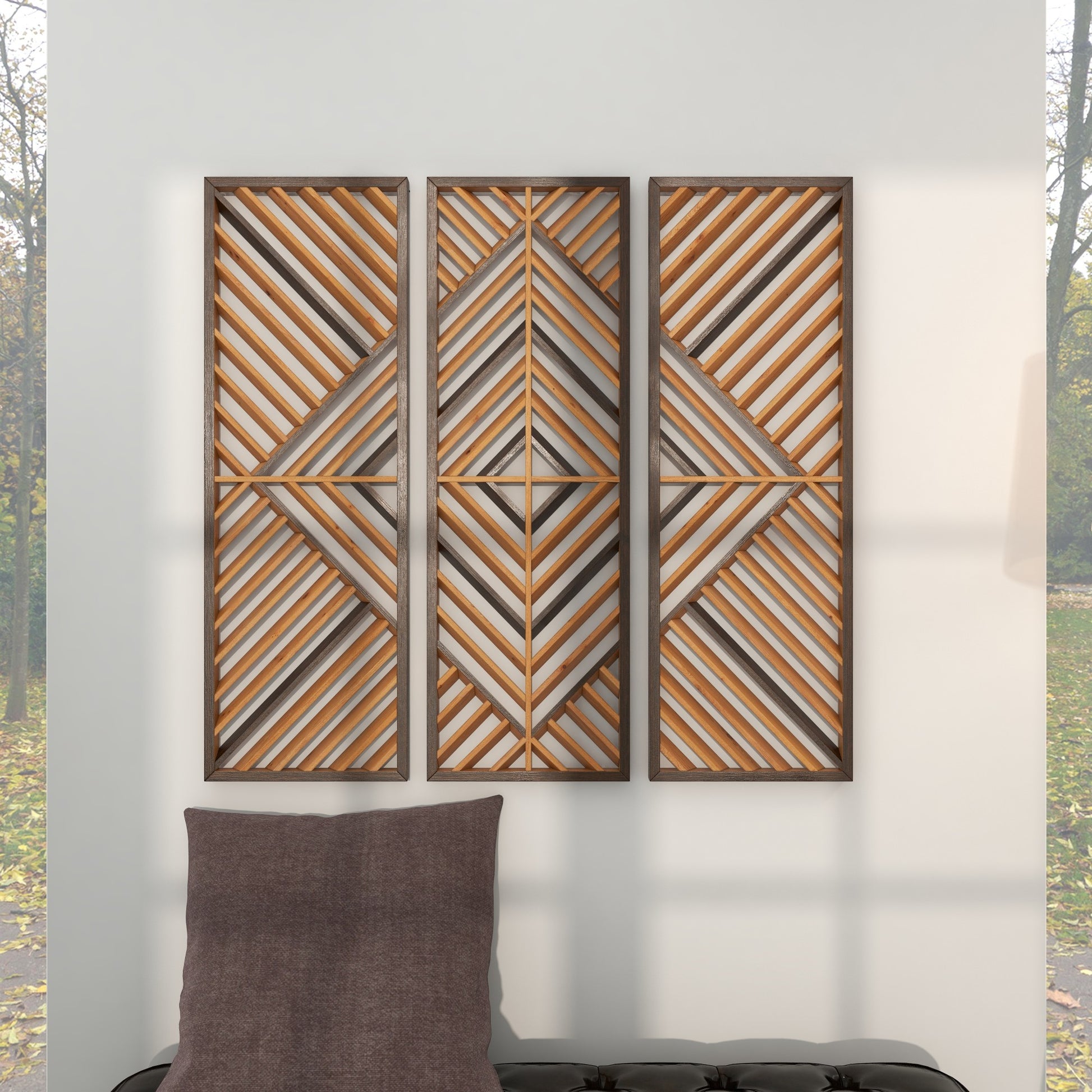 Set of 3 Geometric Brown Wood Slatted Wood Design Home Wall Decor