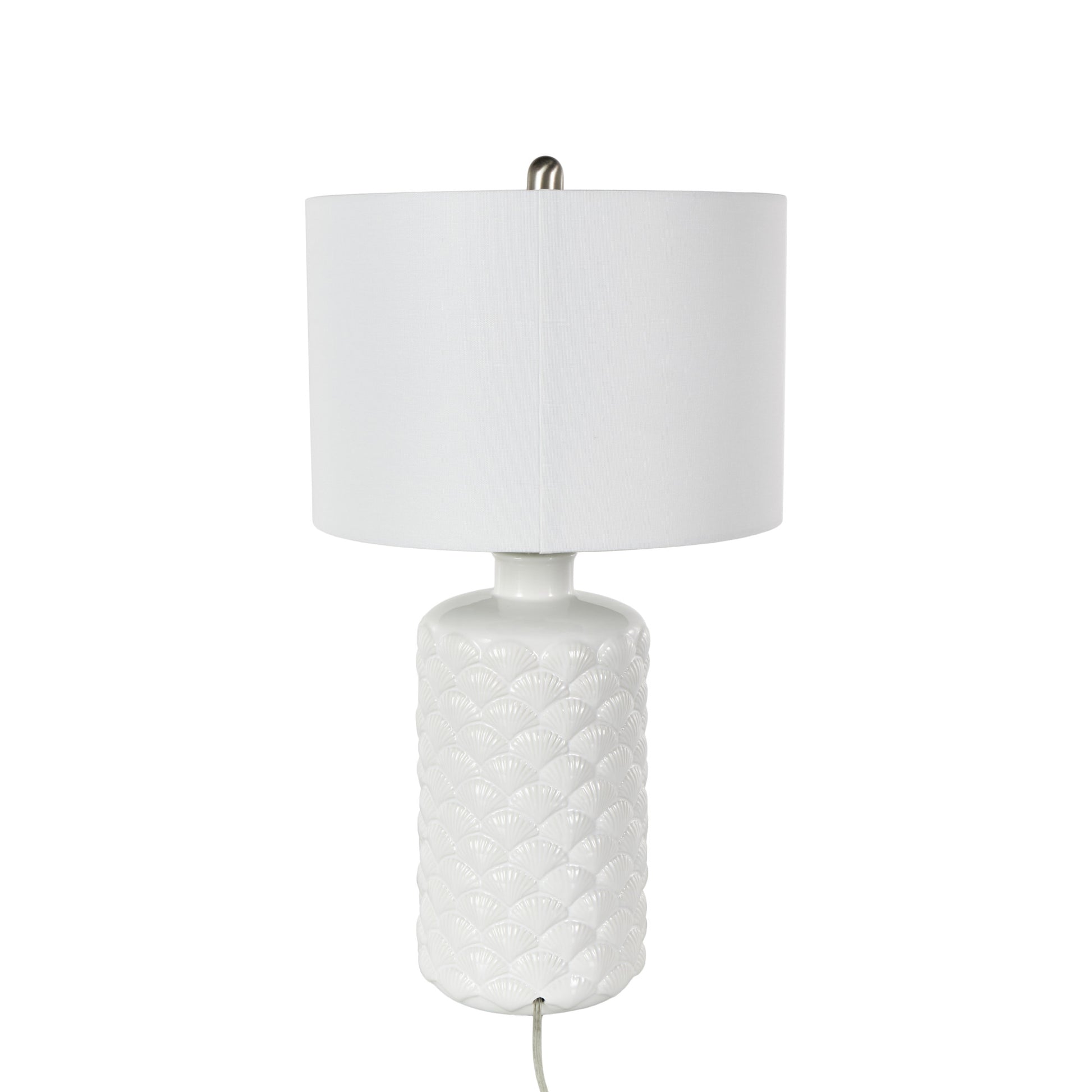 Shell White Ceramic Embedded Room Table Lamp with Drum Linen Shade