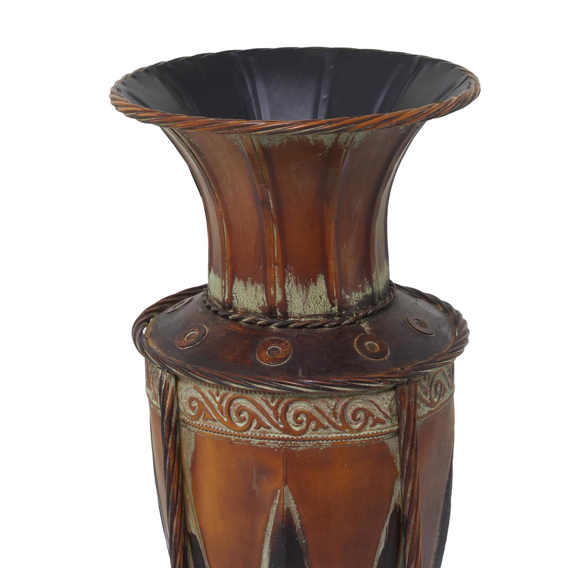 Scroll Brown Metal Tall Decorative Vase with Attached Metal Stand and Intricate Design