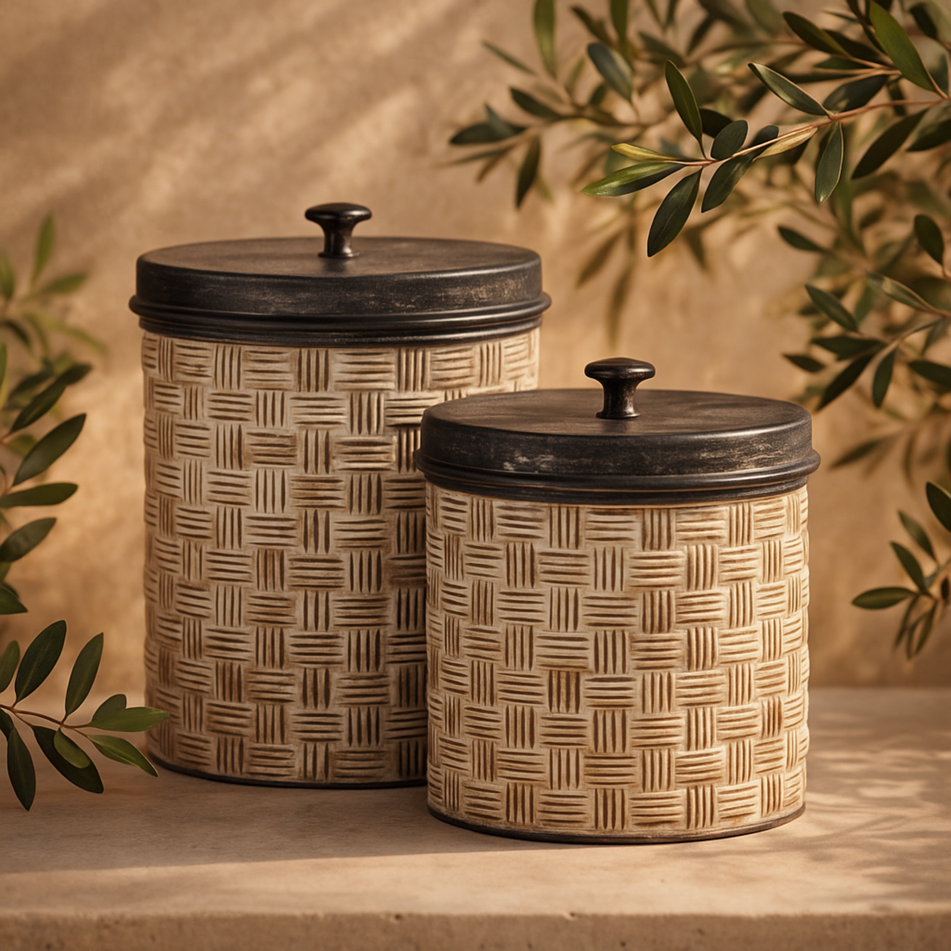 Set of 2 Brown Metal Living Room Decorative Jars with Weave Inspired Pattern