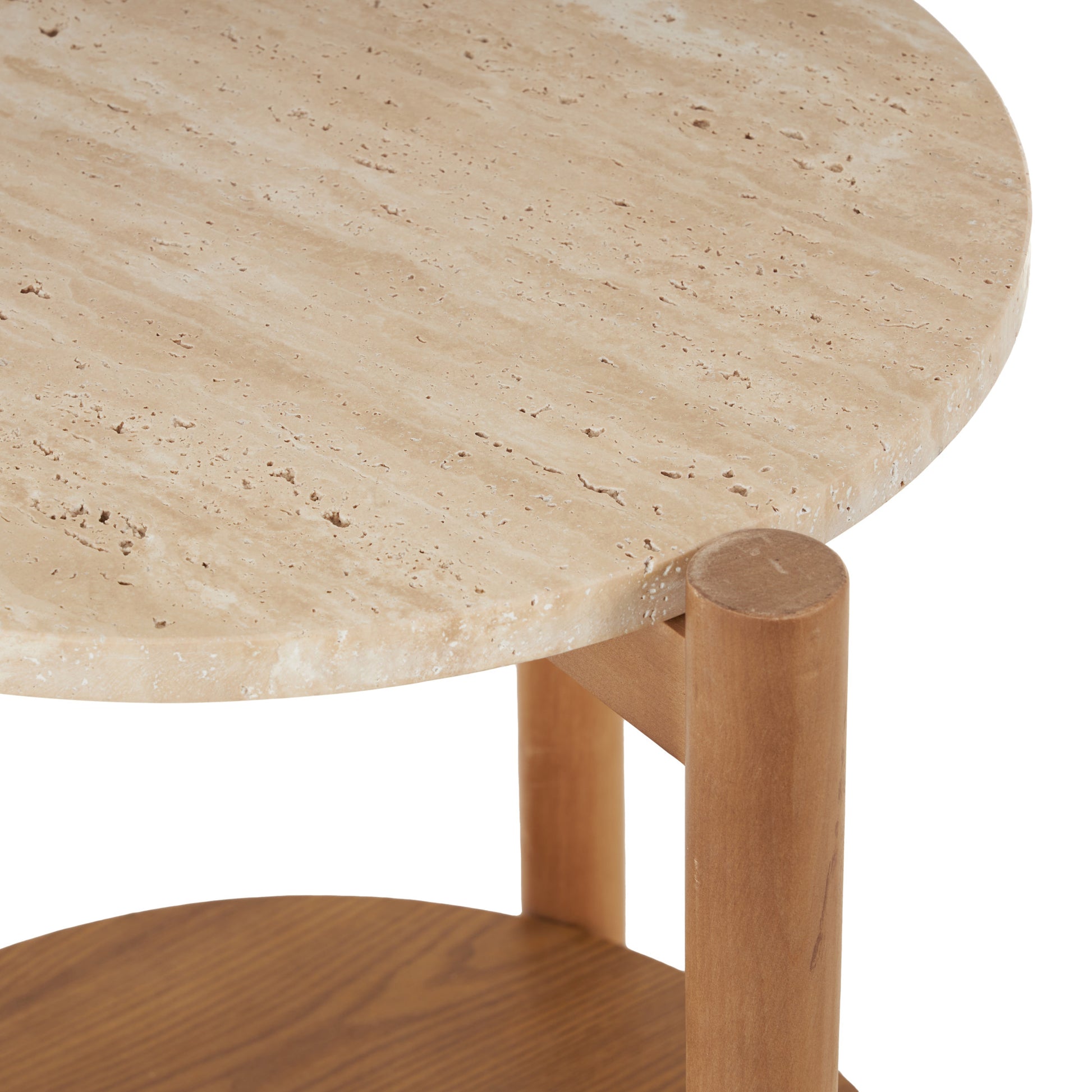 Brown Wood Handmade Round Side End Accent Table with Beige Round Marble Top