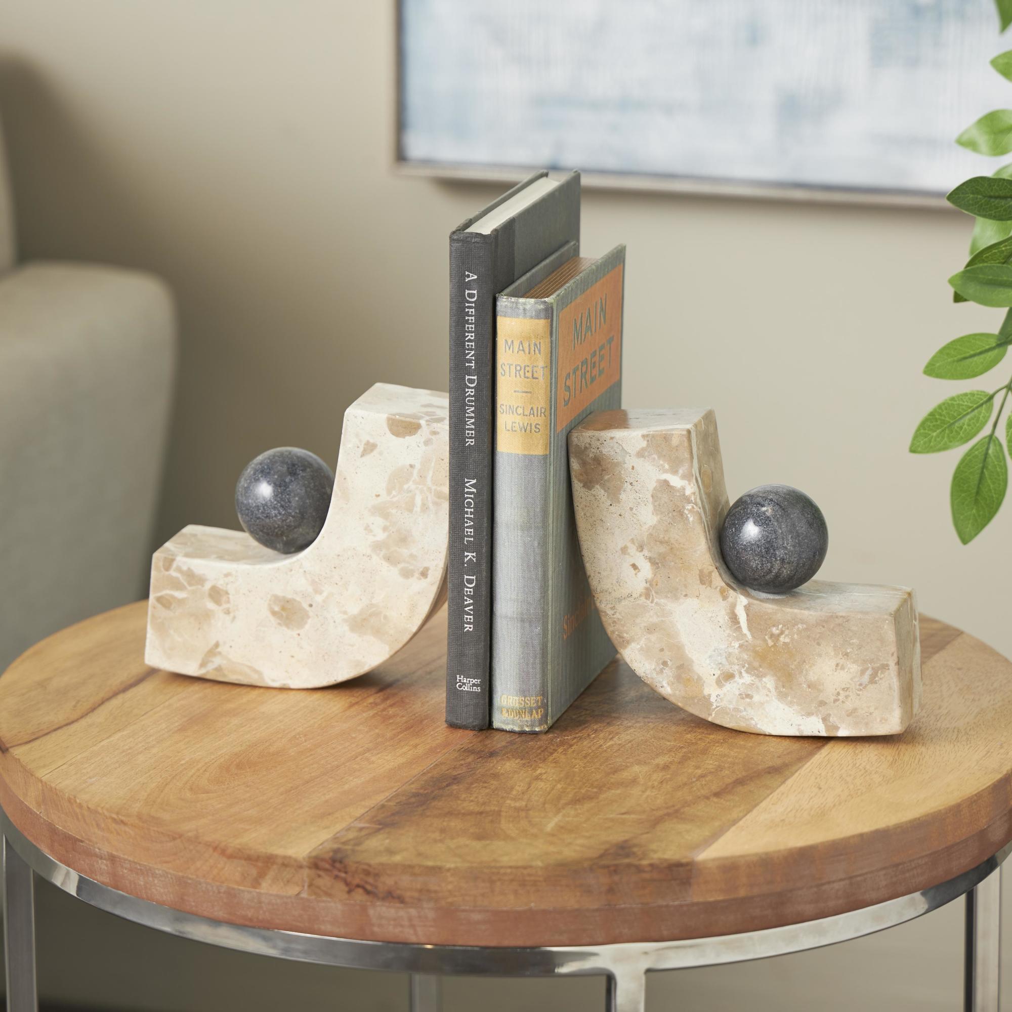 Set of 2 Brown Marble Arched Curved Decorative Bookends with Black Orbs