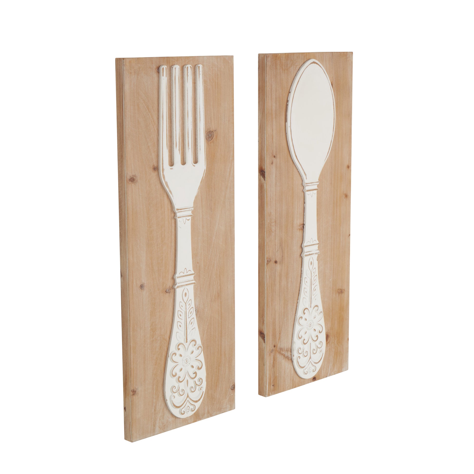 Set of 2 Utensils Brown Wooden Home Wall Decor with Carved White Floral Designs