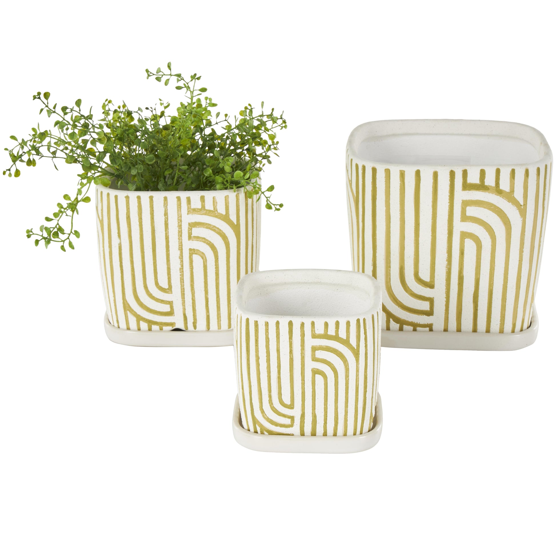 Set of 3 Geometric Ceramic Arched Patterned Indoor Outdoor Planter with Attached Saucer