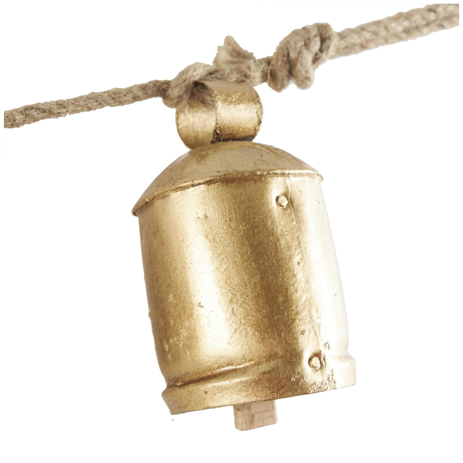Gold Metal Tibetan Inspired String Hanging Indoor Outdoor Decorative Cow Bells with 6 Bells on Jute Hanging Rope
