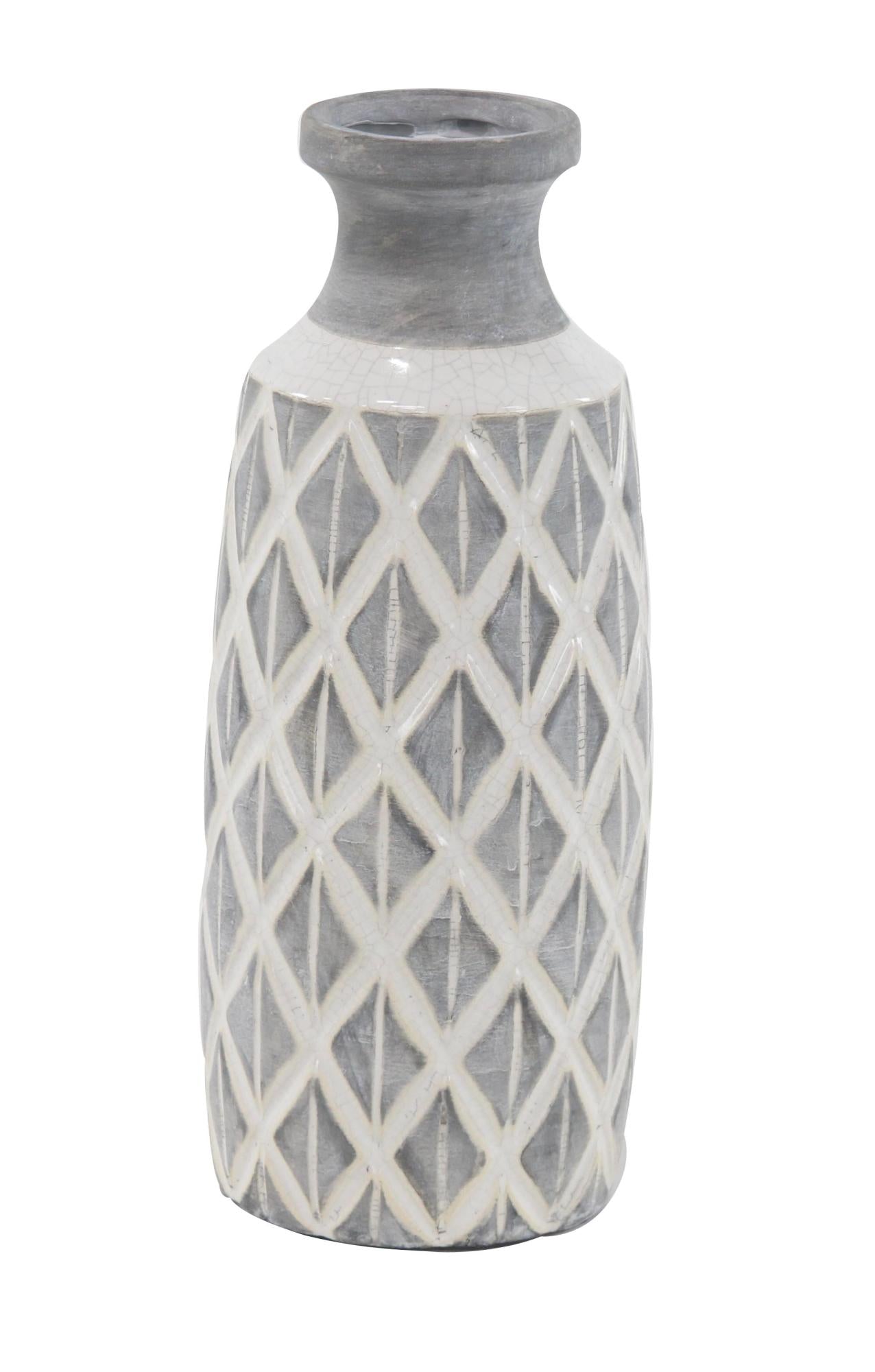Gray Ceramic Decorative Vase with White Diamond Pattern