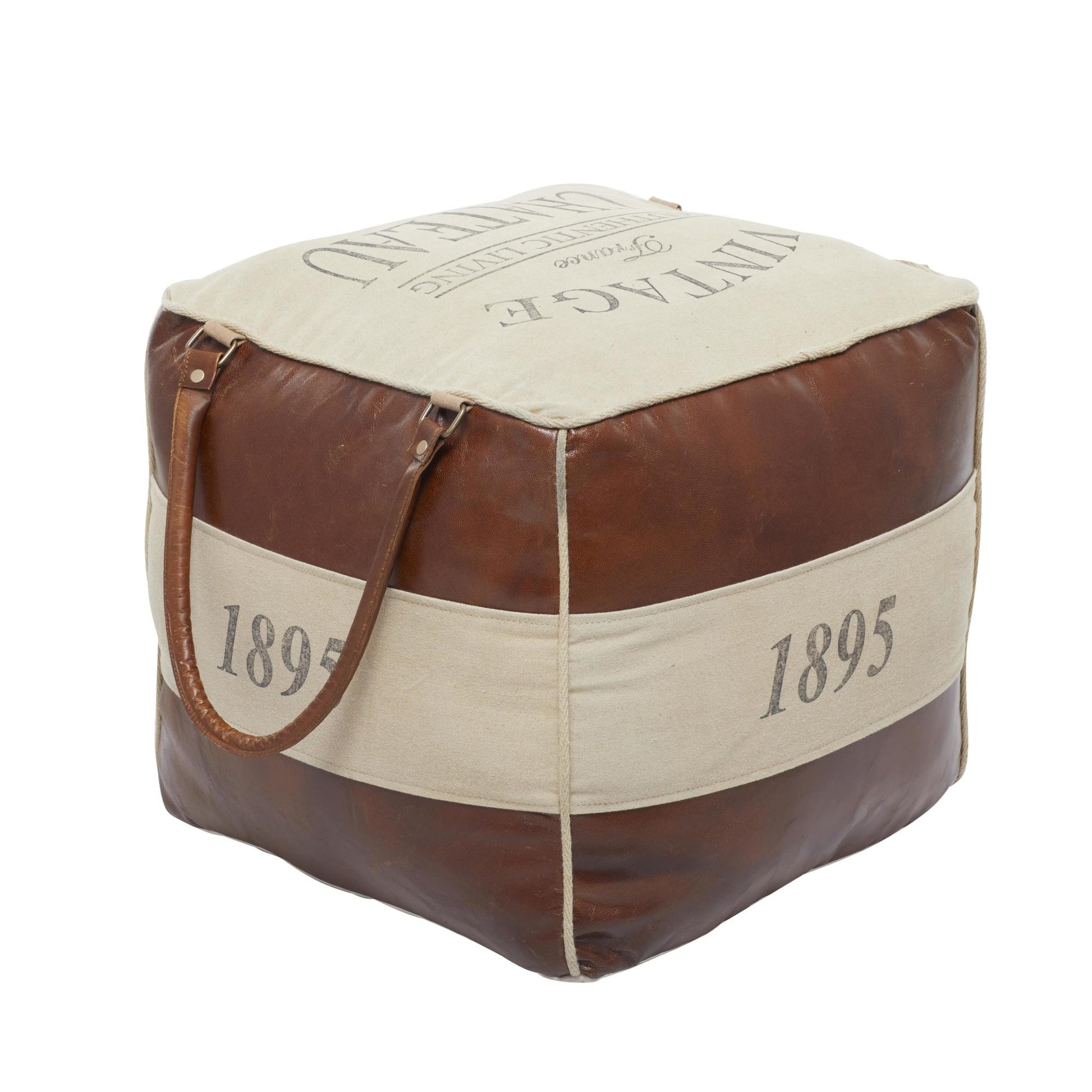 Star Canvas Stuffed Pouf with Leather Accents
