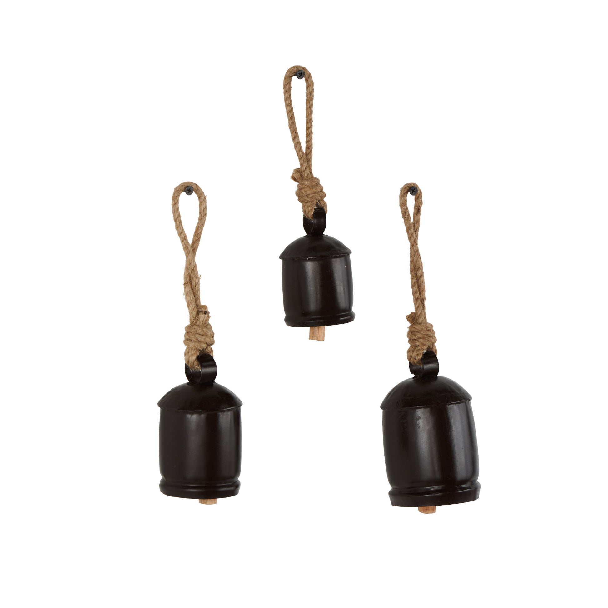Set of 3 Metal Tibetan Inspired Indoor Outdoor Decorative Cow Bells with Jute Hanging Rope