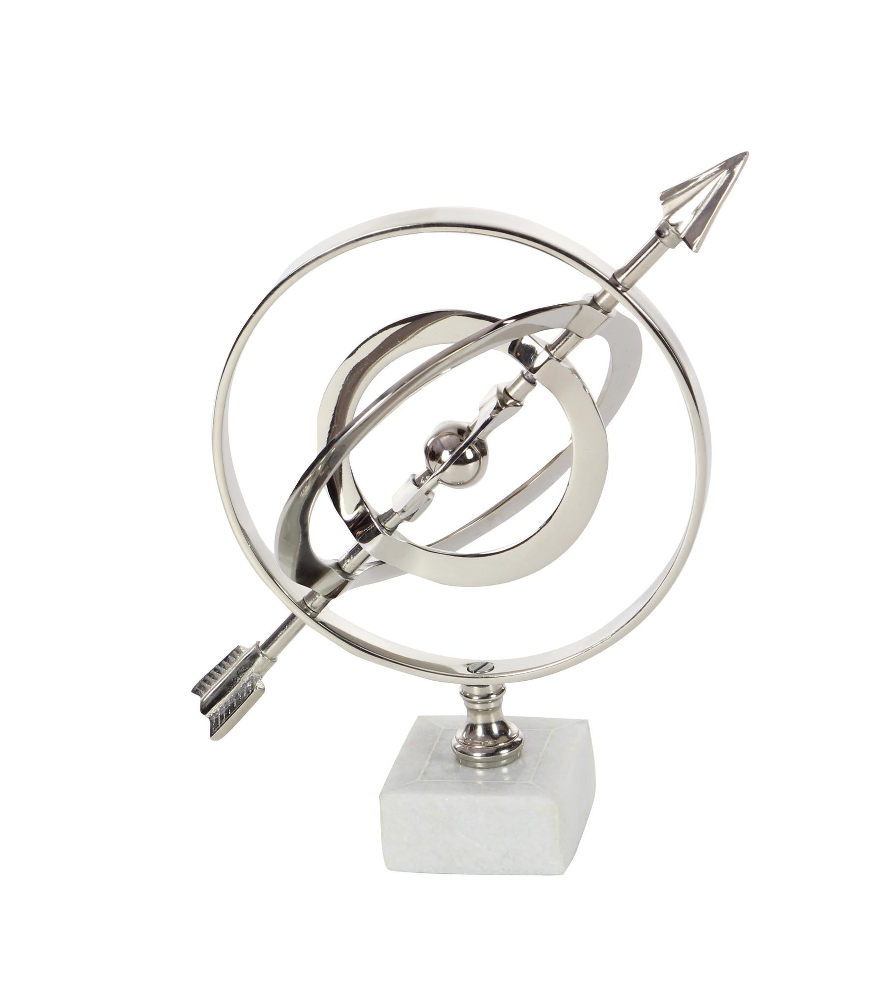 Armillary Silver Aluminum Metal Educational Globe with Marble Base