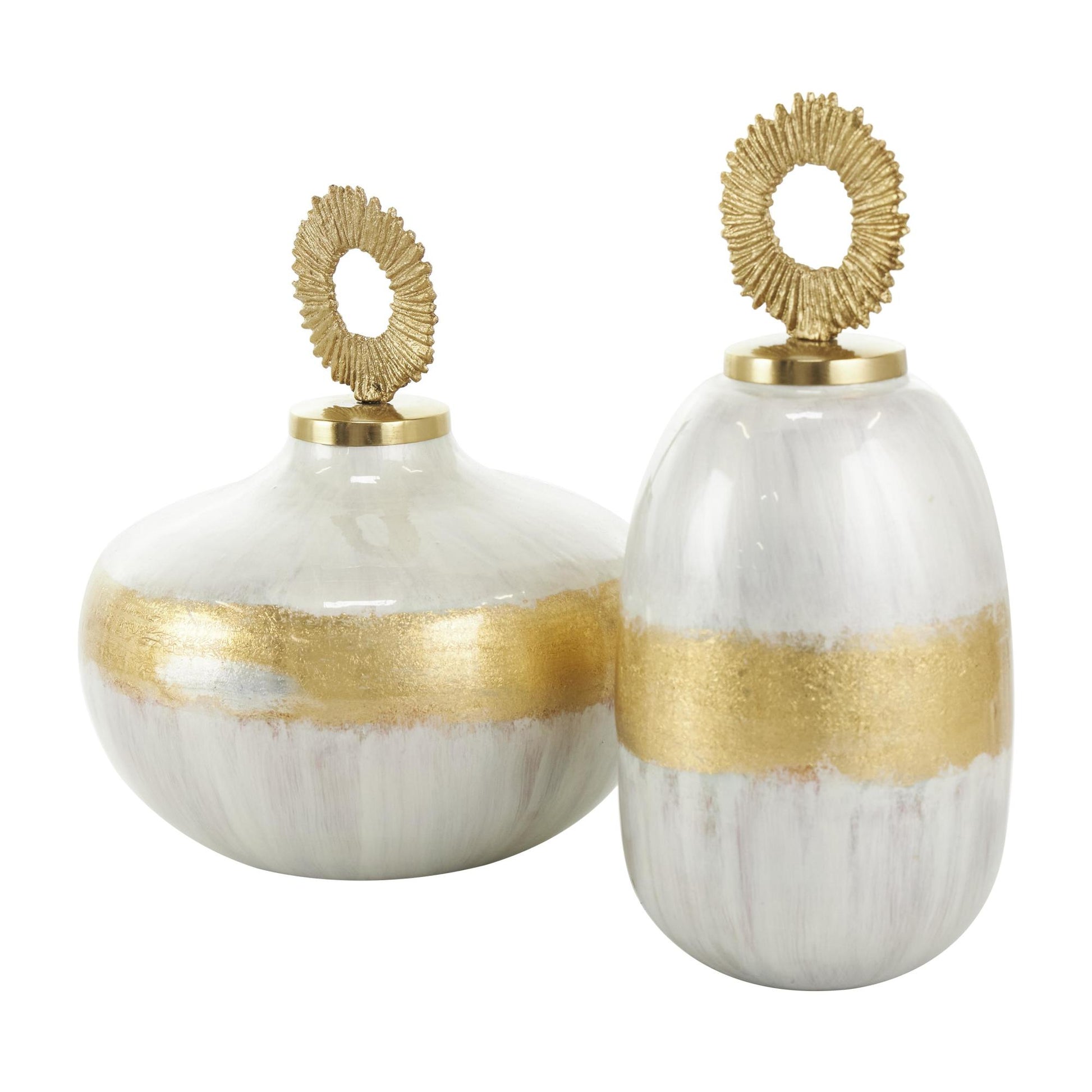 Set of 2 Metal Abstract Brushed Living Room Decorative Jars with Gold Ring Handles Set of 2 11", 13"H