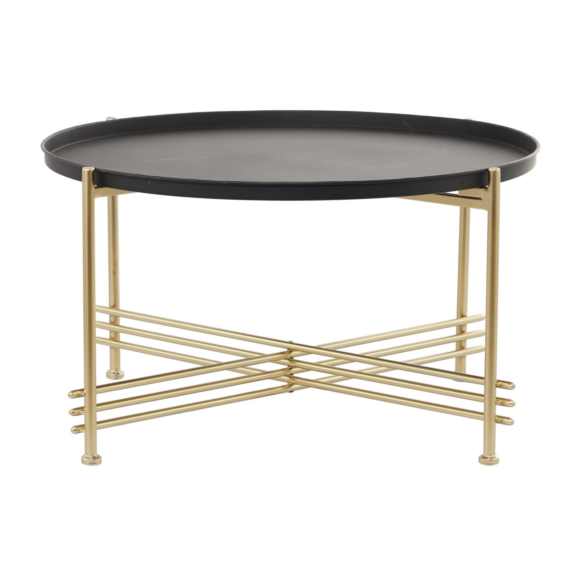 Black Metal Tray Top Living Room Coffee Table with Gold X-Shaped Base