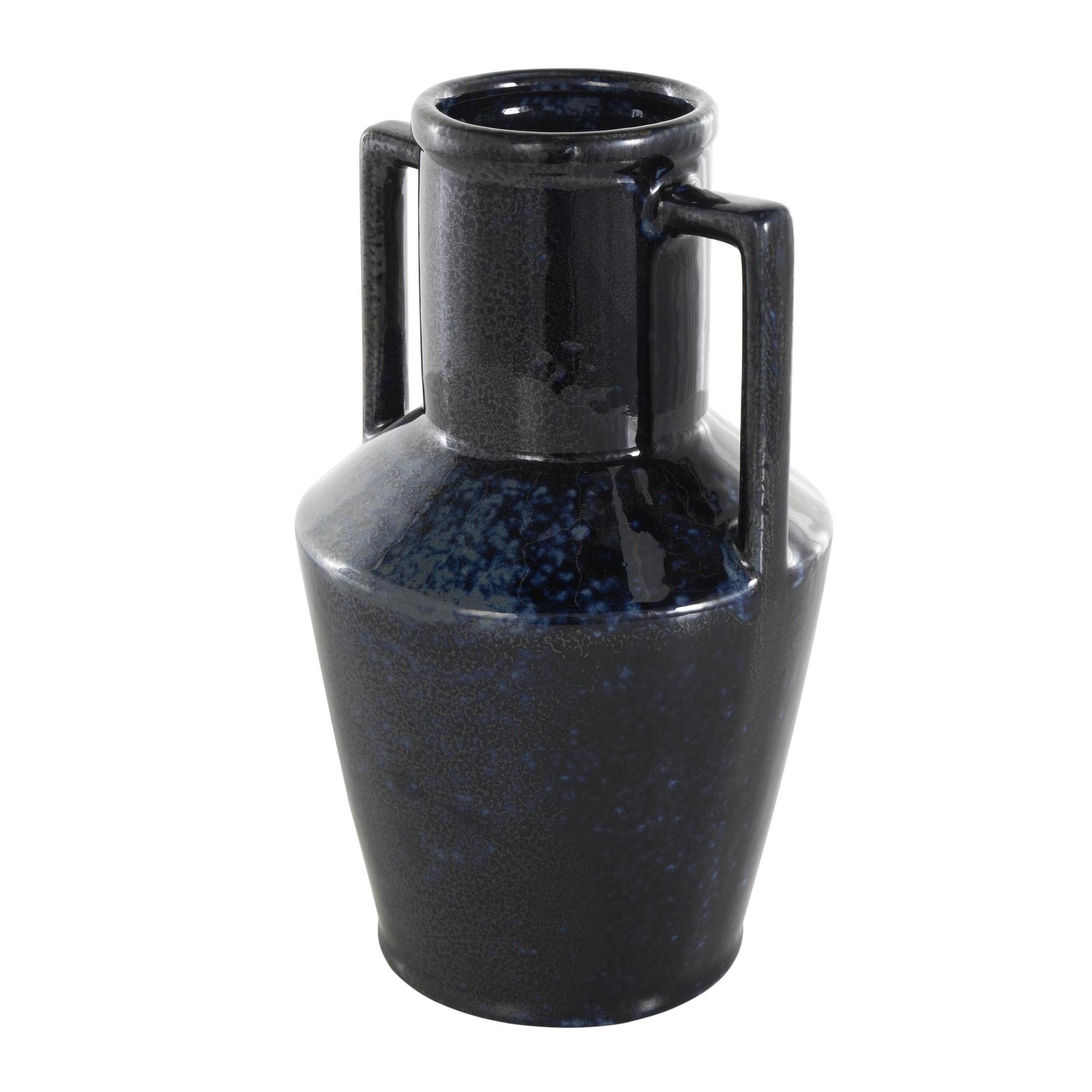 Dark Blue Ceramic Ombre Textured Decorative Vase with Rectangular Handles