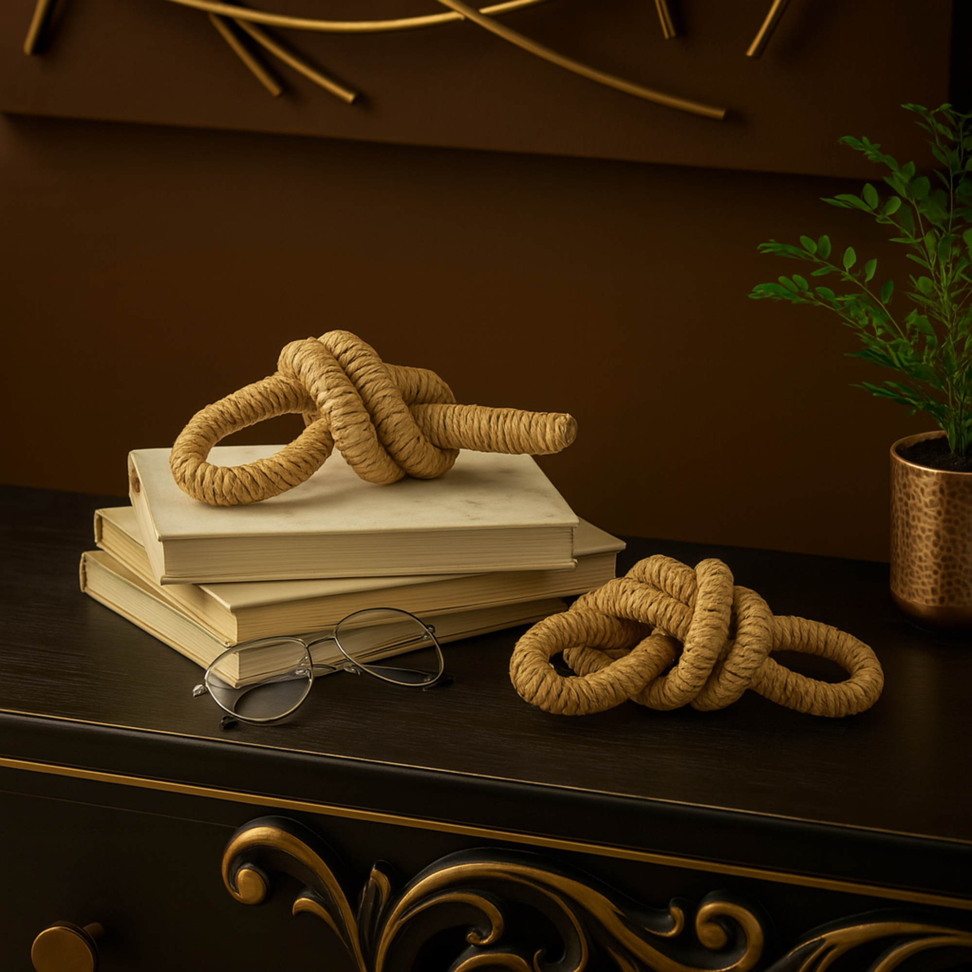Set of 2 Knot Brown Paper Woven Decorative Sculpture