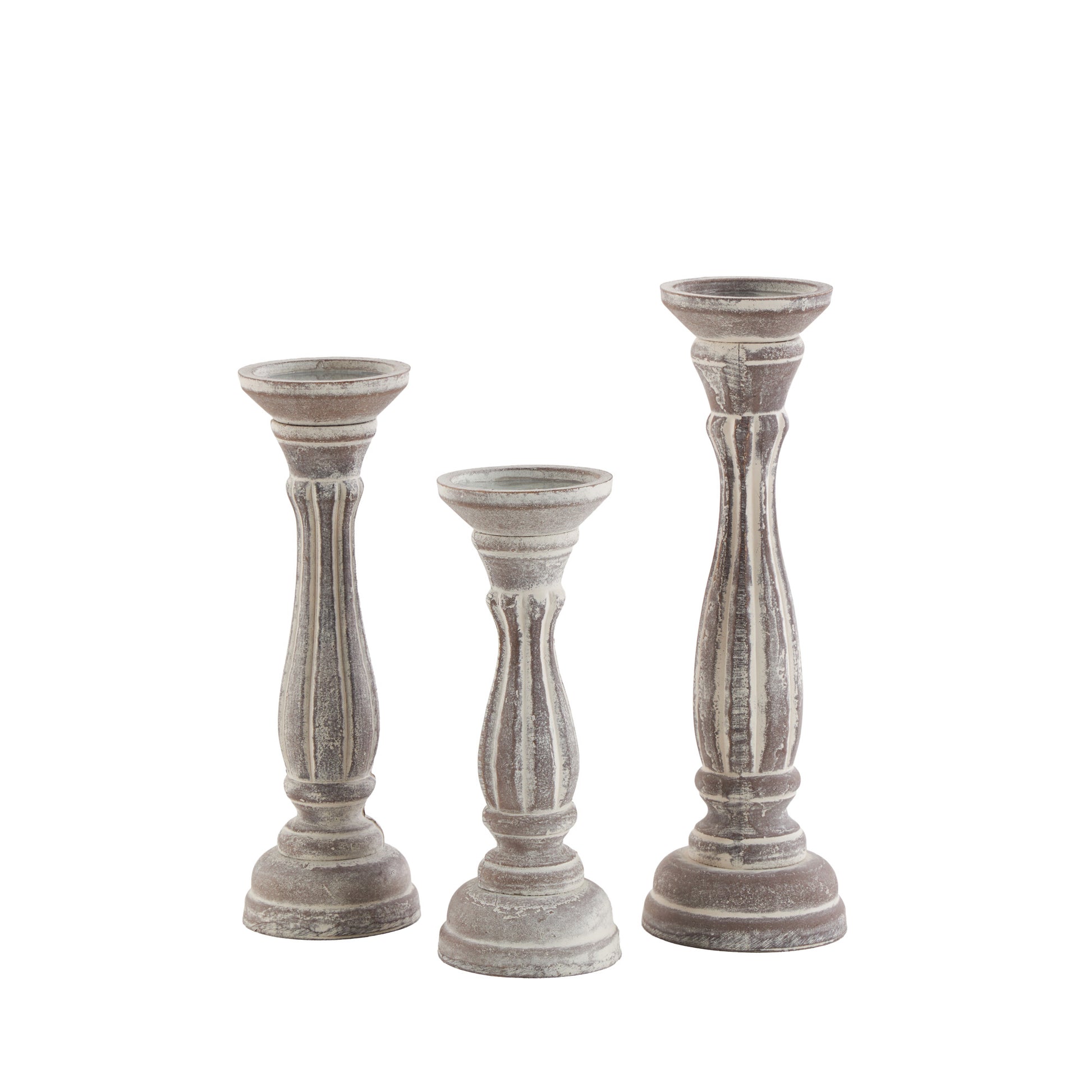 Set of 3 Wooden Distressed Turned Pillar Decorative Candle Holder