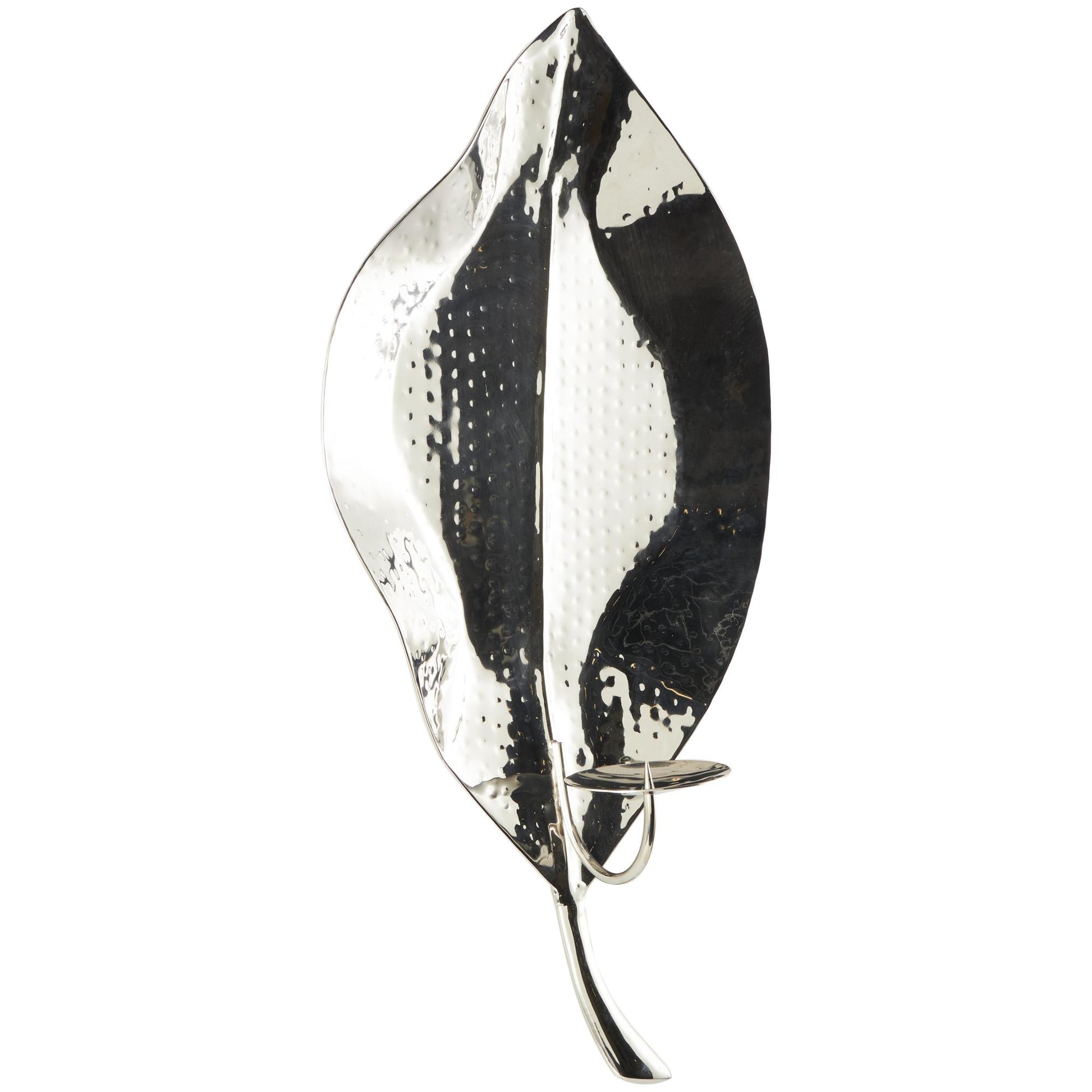 Leaf Silver Stainless Steel Metal Slim Single Candle Indoor Outdoor Wall Sconce with Hammered Design