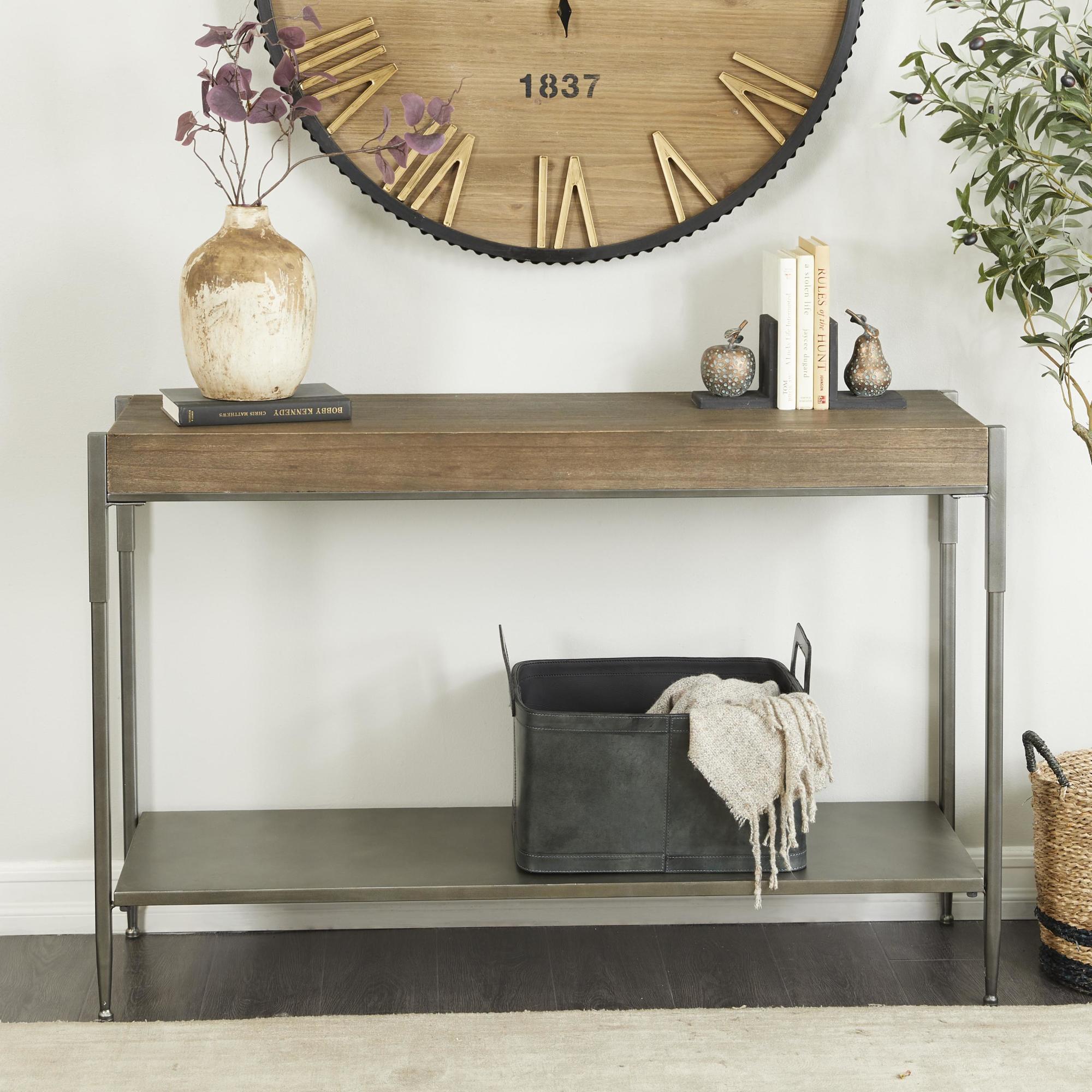 Gray Metal Shelf Living Room Console Table with Brown Wooden Top