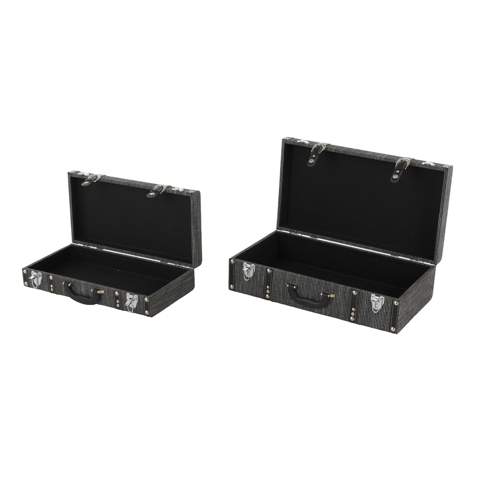 Set of 2 Black Fabric Woven Storage Decorative Trunk with Silver Latches and Buckles