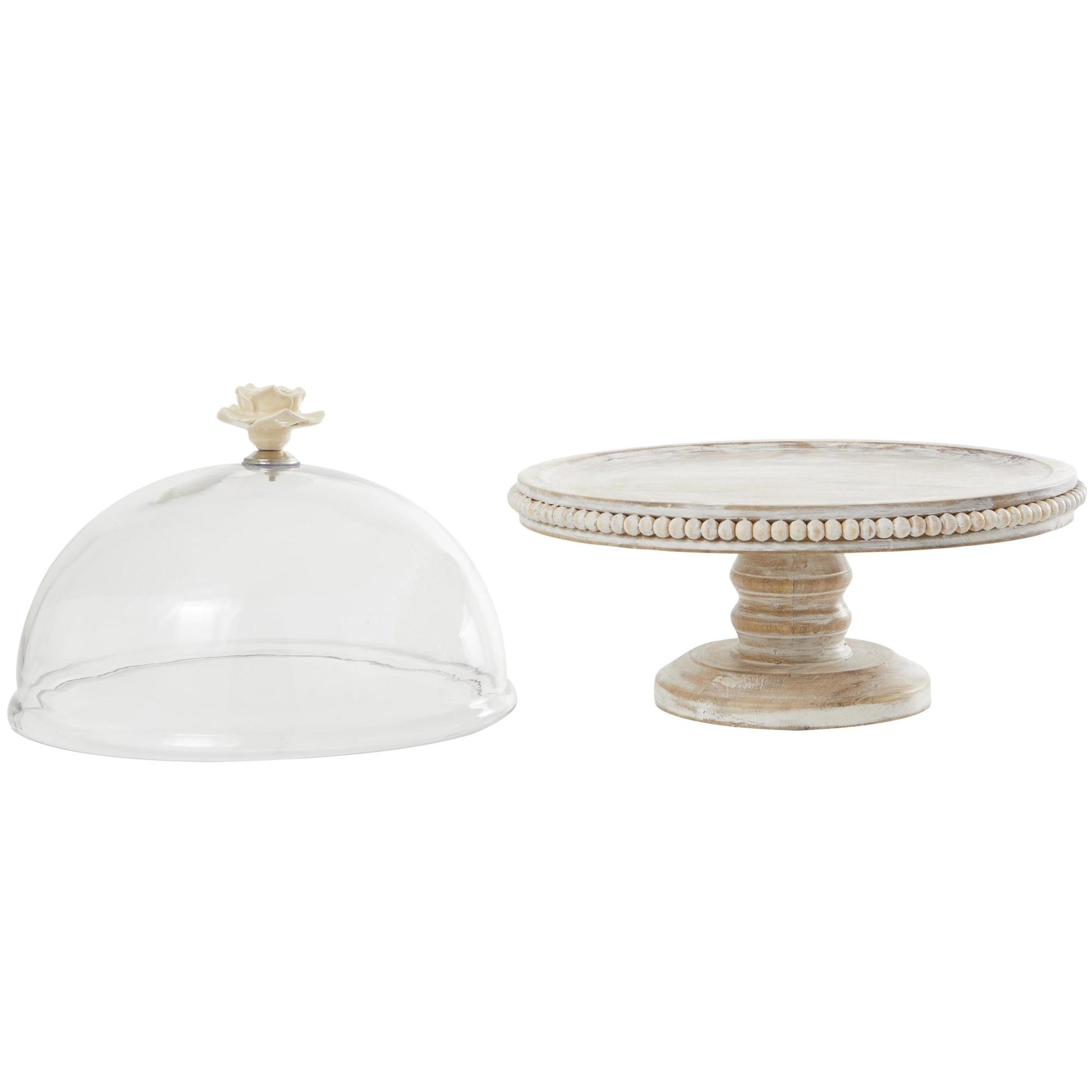 Floral Cream Mango Wood Decorative Cake Stand with Glass Dome