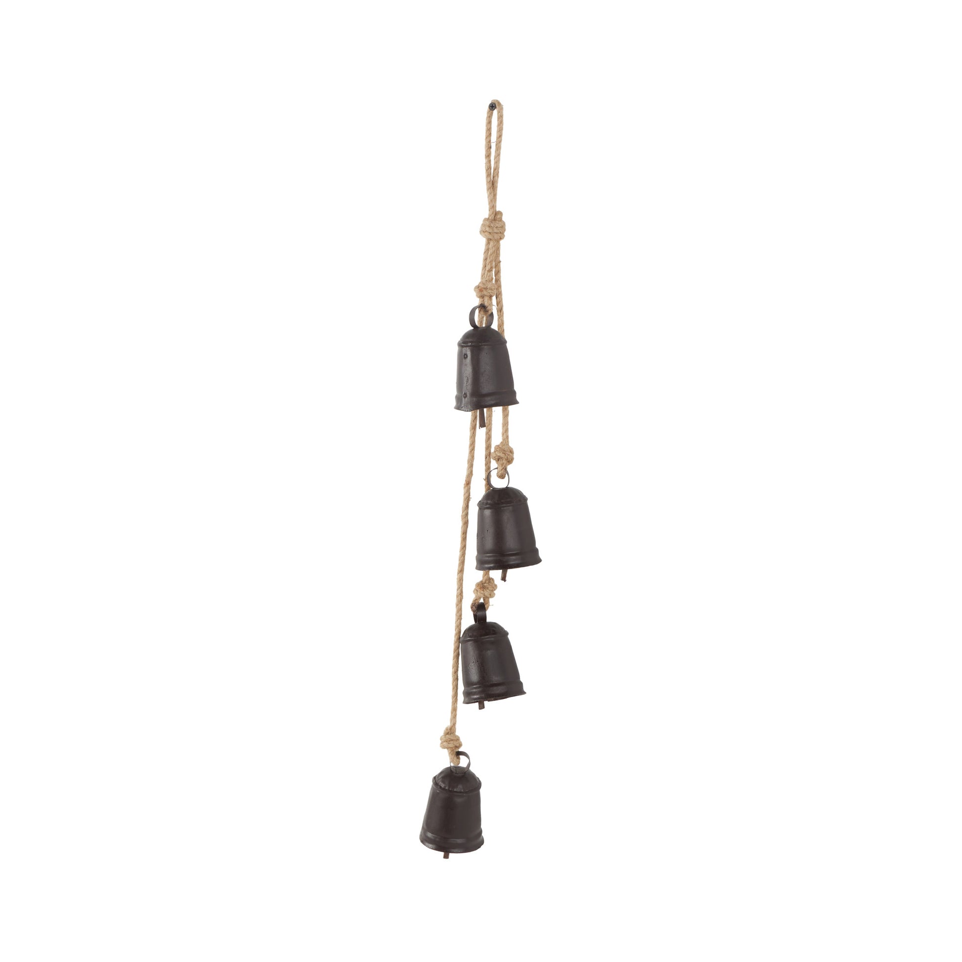 Metal Handmade Tibetan Inspired Indoor Outdoor Decorative Cow Bells with 4 Bells on Jute Hanging Rope