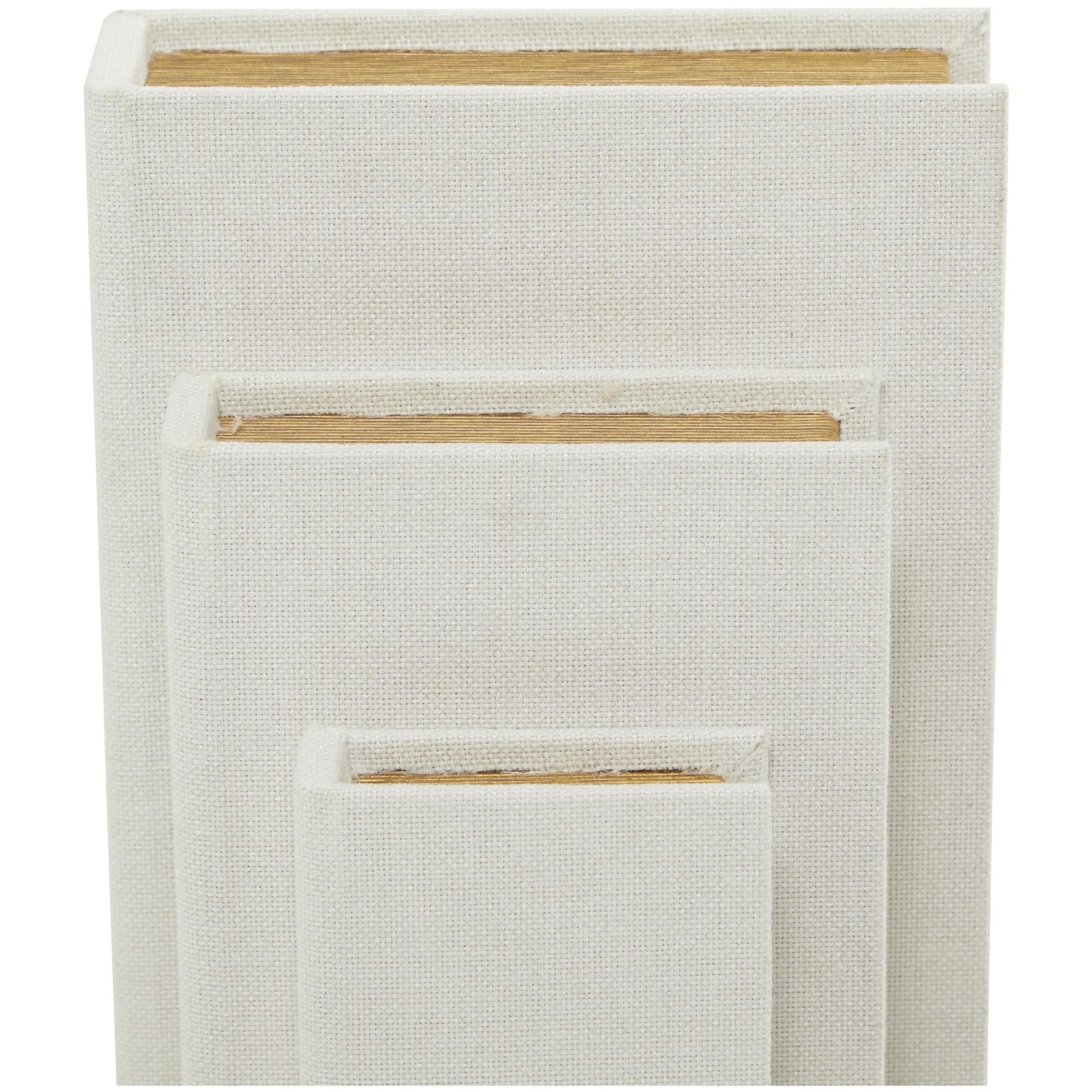 Set of 3 Linen Fabric Textured Faux Book Storage Decorative Box with Gold Page Detailing